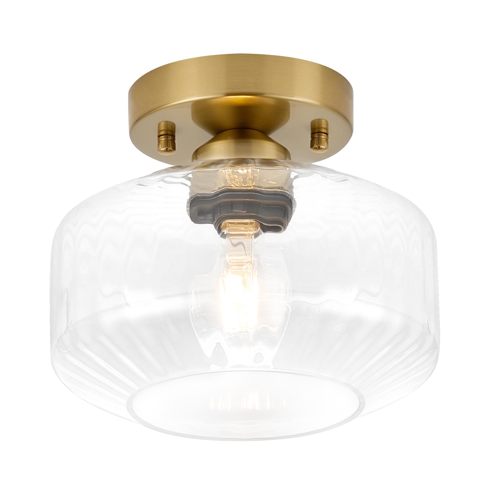 Bisamiya Modern Gold Semi Flush Mount Ceiling Light, Brass Finish Ceiling Light Fixture With 8.66'' Textured Glass Shade For Hal