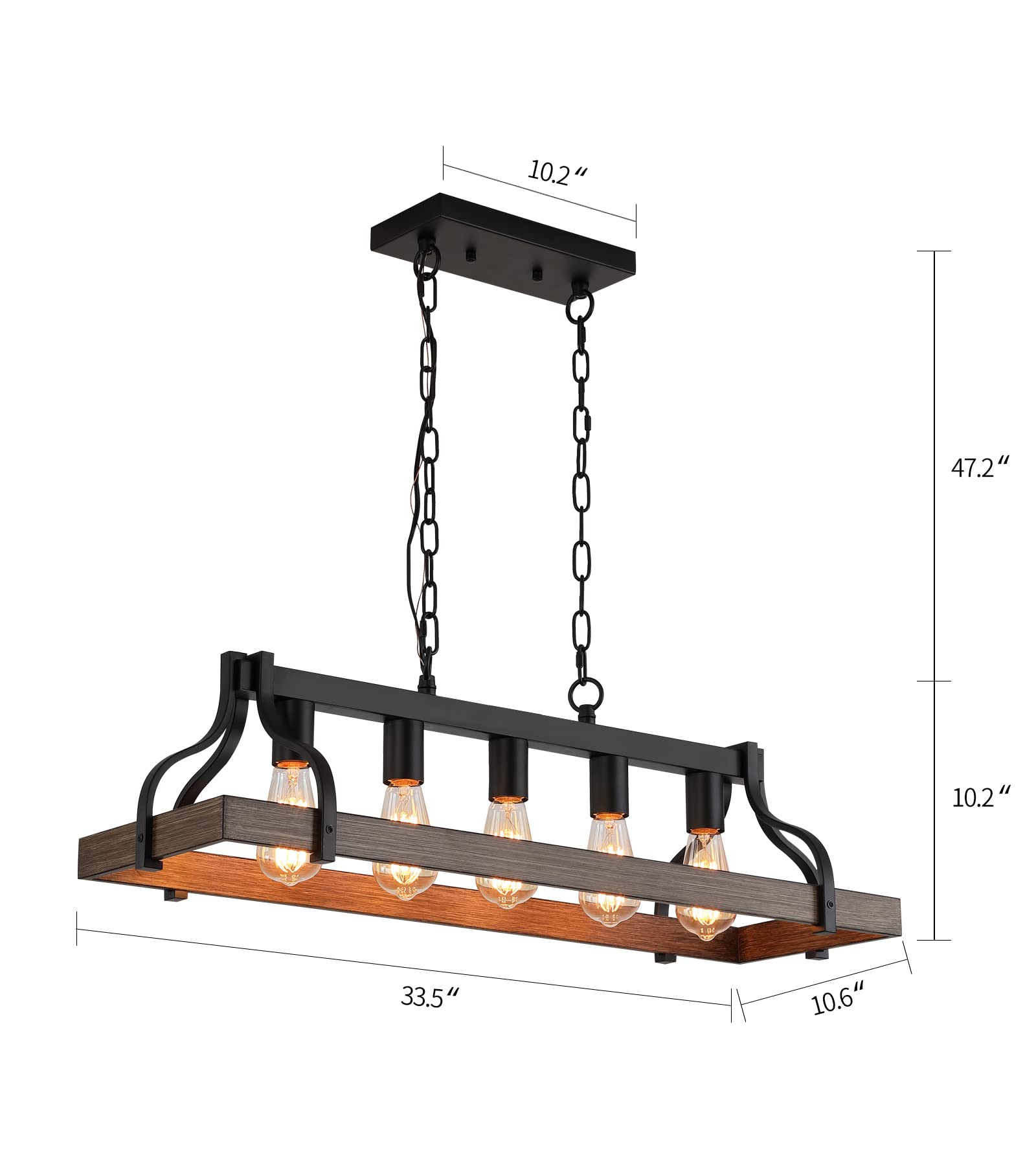 MEIXISUE Rustic 5-Light Industrial Chandelier, Black & Retro Wood Finish, L33.5" W10.6", UL Listed, Model MX-P2143-5A