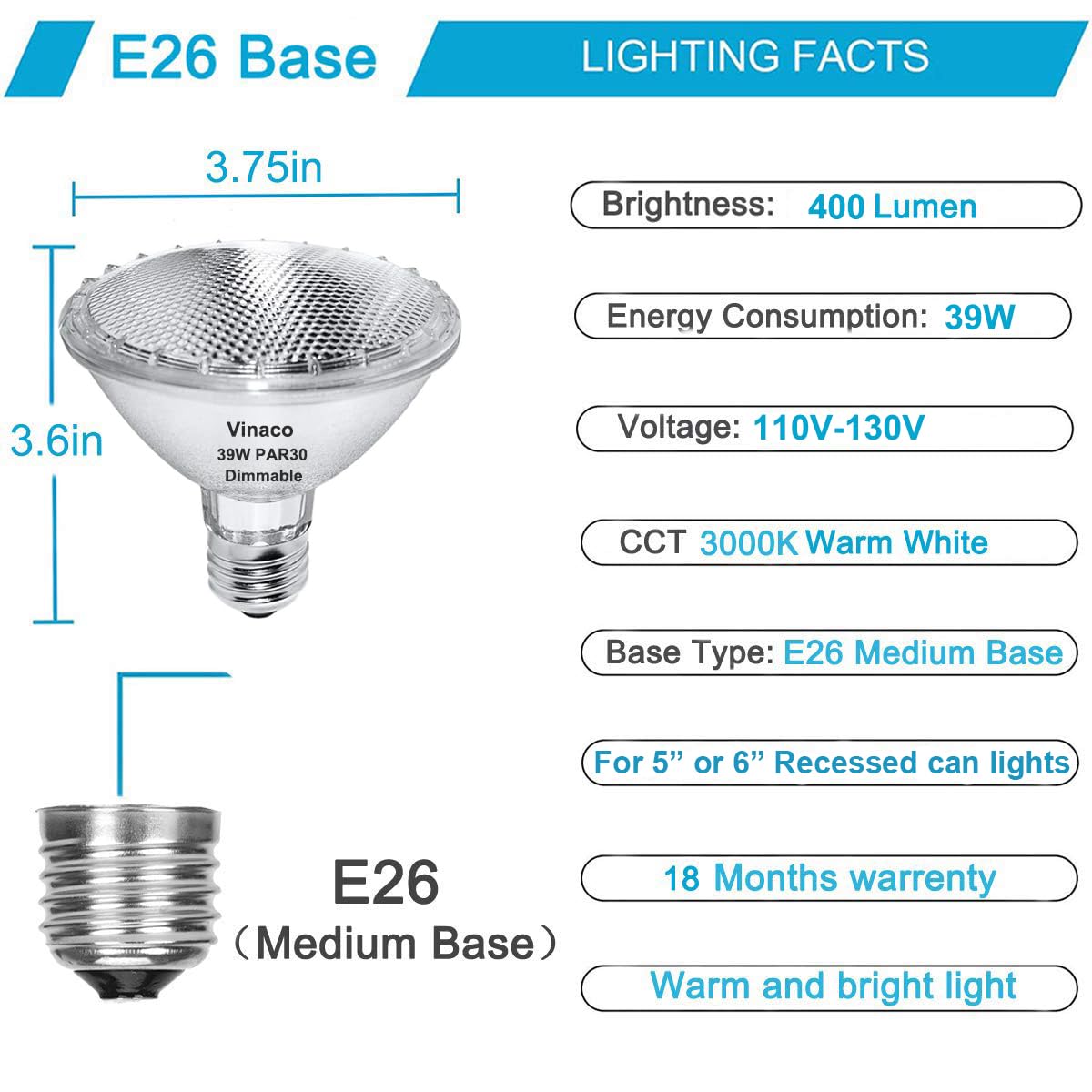 Vinaco PAR30 Halogen Light Bulbs, 39W, Dimmable, E26 Base, 3000K Warm White, 6pcs, Silver, Premium Quality for Accent Lighting