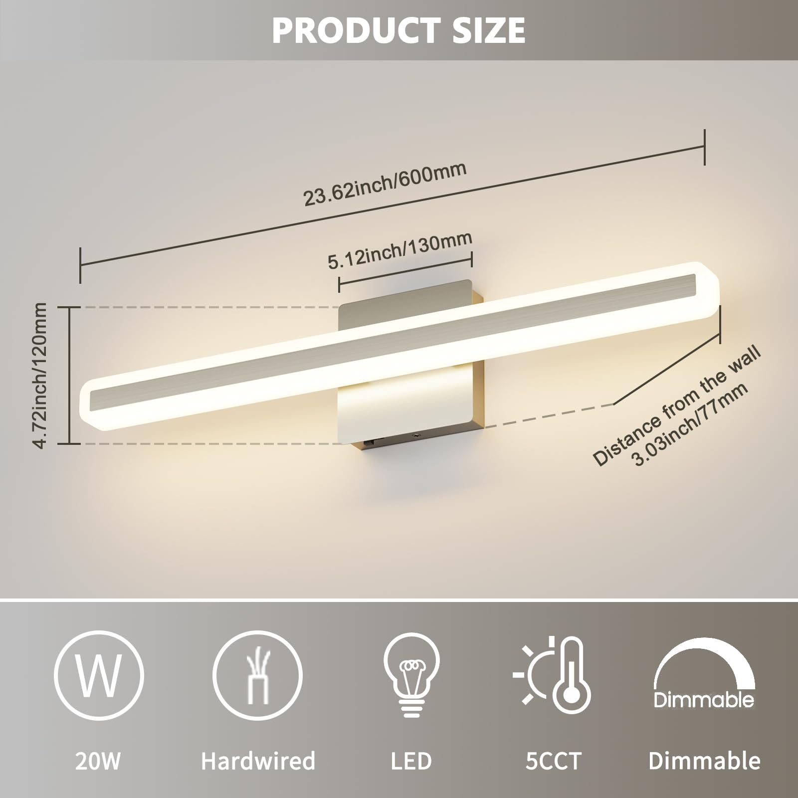 JUSHENG 24'' Brushed Nickel Dimmable Vanity Light Bar, Modern LED Bathroom Fixture, Model 9871, Acrylic