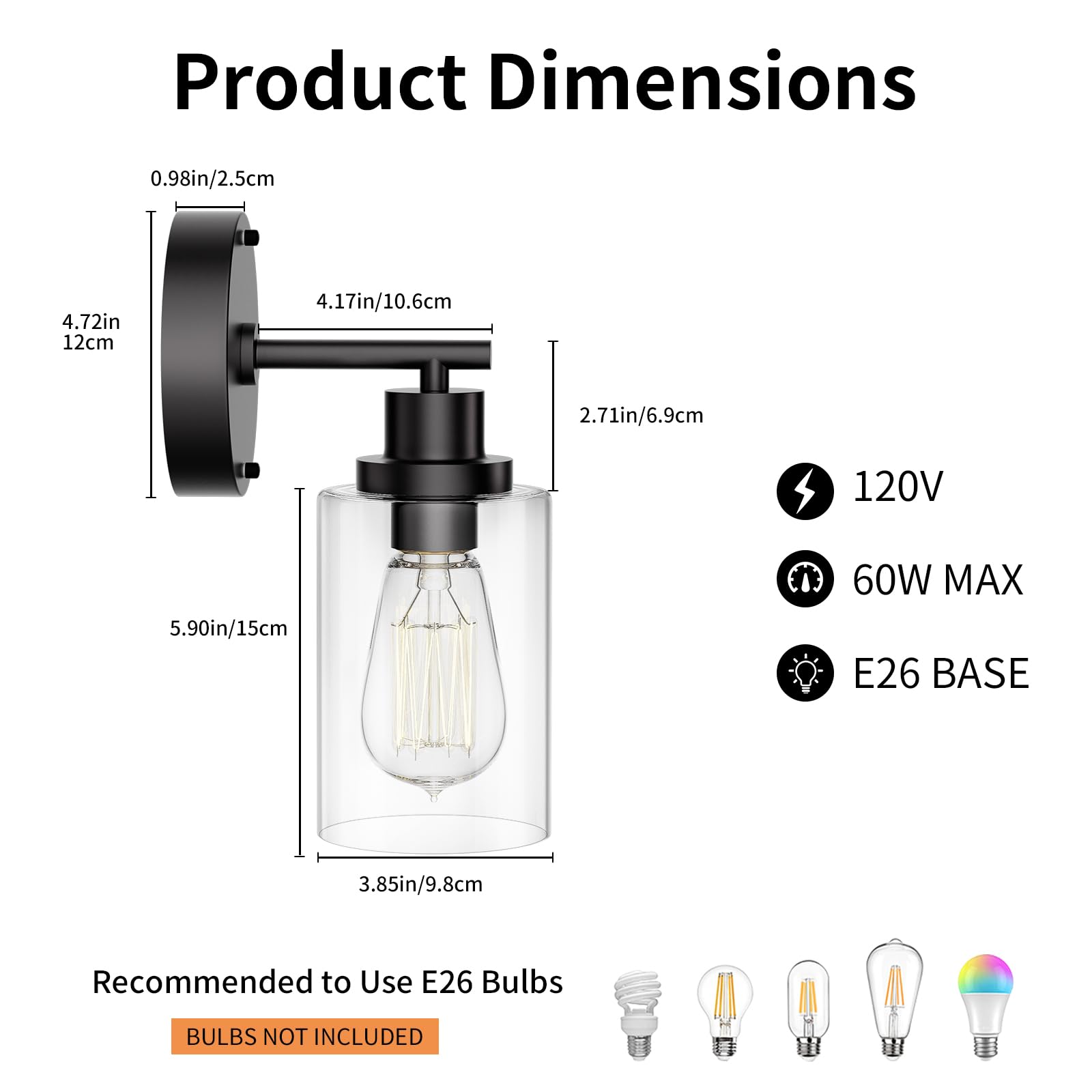 Buthy Black Wall Sconce Light: Modern Wall Sconces Indoor, Led Wall Light Fixtures With E26 Base And Clear Glass Shade, Sconces Wall Lighting For Hallway, Bedroom, Living Room, And Mirror