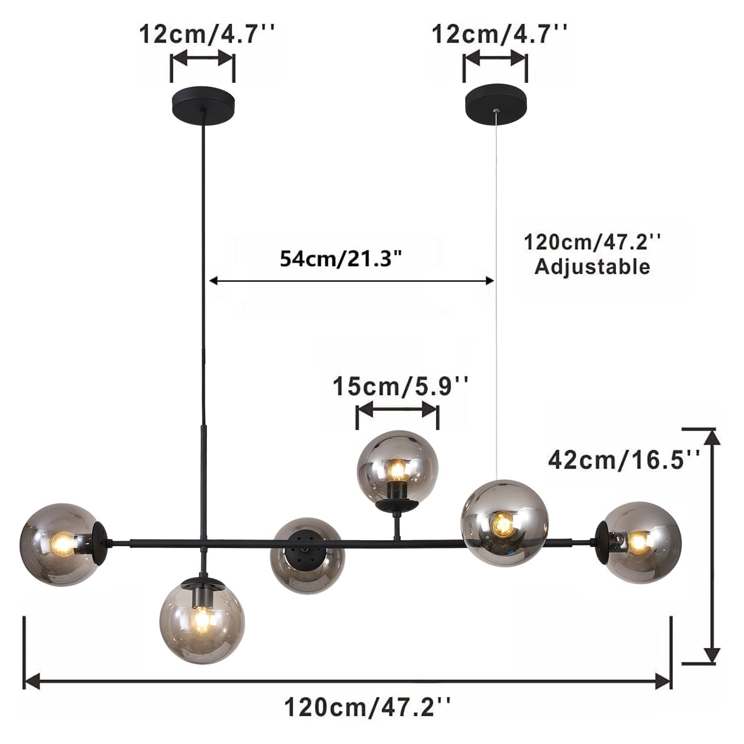 Kco Lighting 6-Light Mid Century Modern Rectangle Sputnik Chandelier Black Farmhouse Linear Chandelier Glass Globe Pendant Light