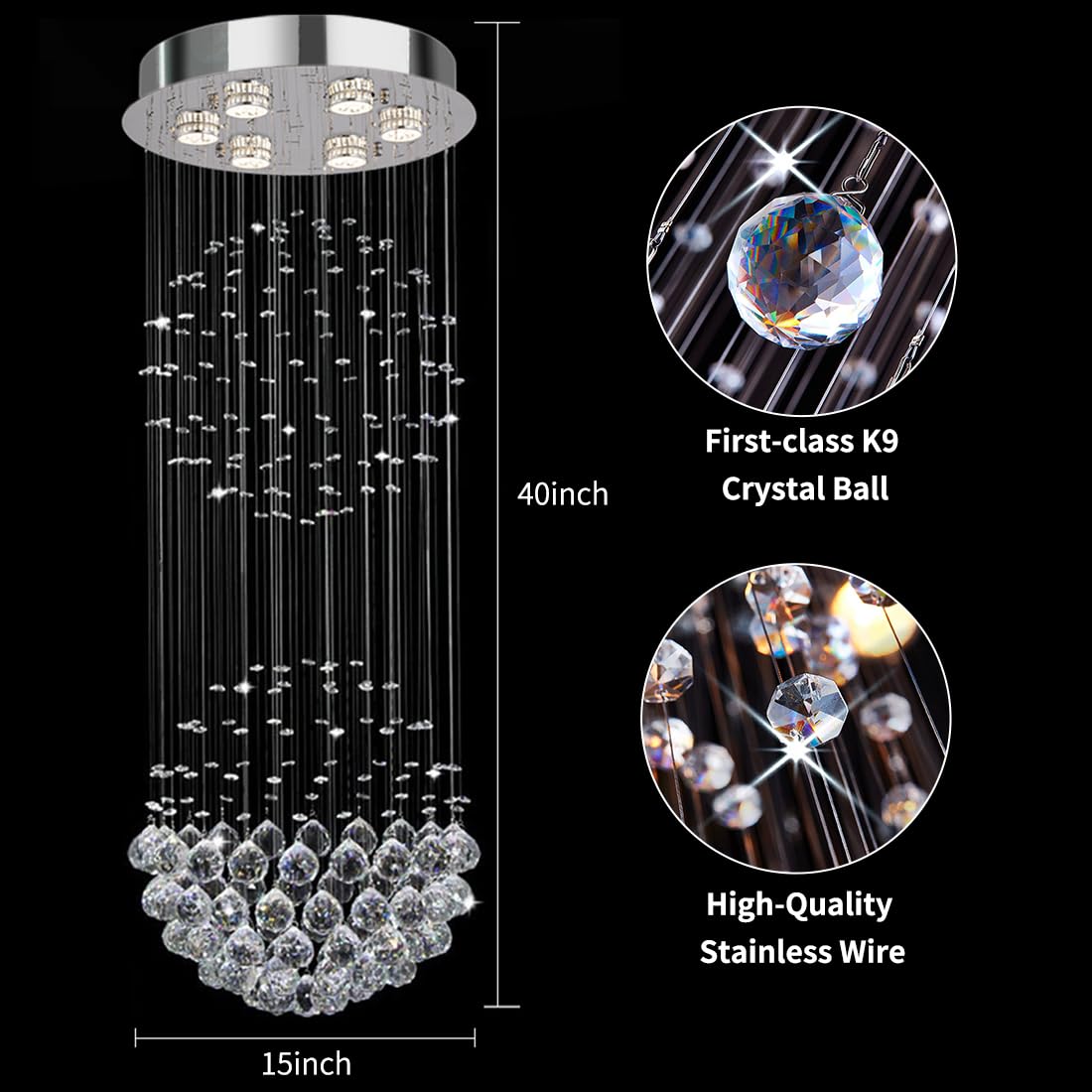CRYSTOP Contemporary Raindrop Crystal Chandelier Light Fixture 15" D x 40" H Silver for Dining Room, Kitchen, Living Room