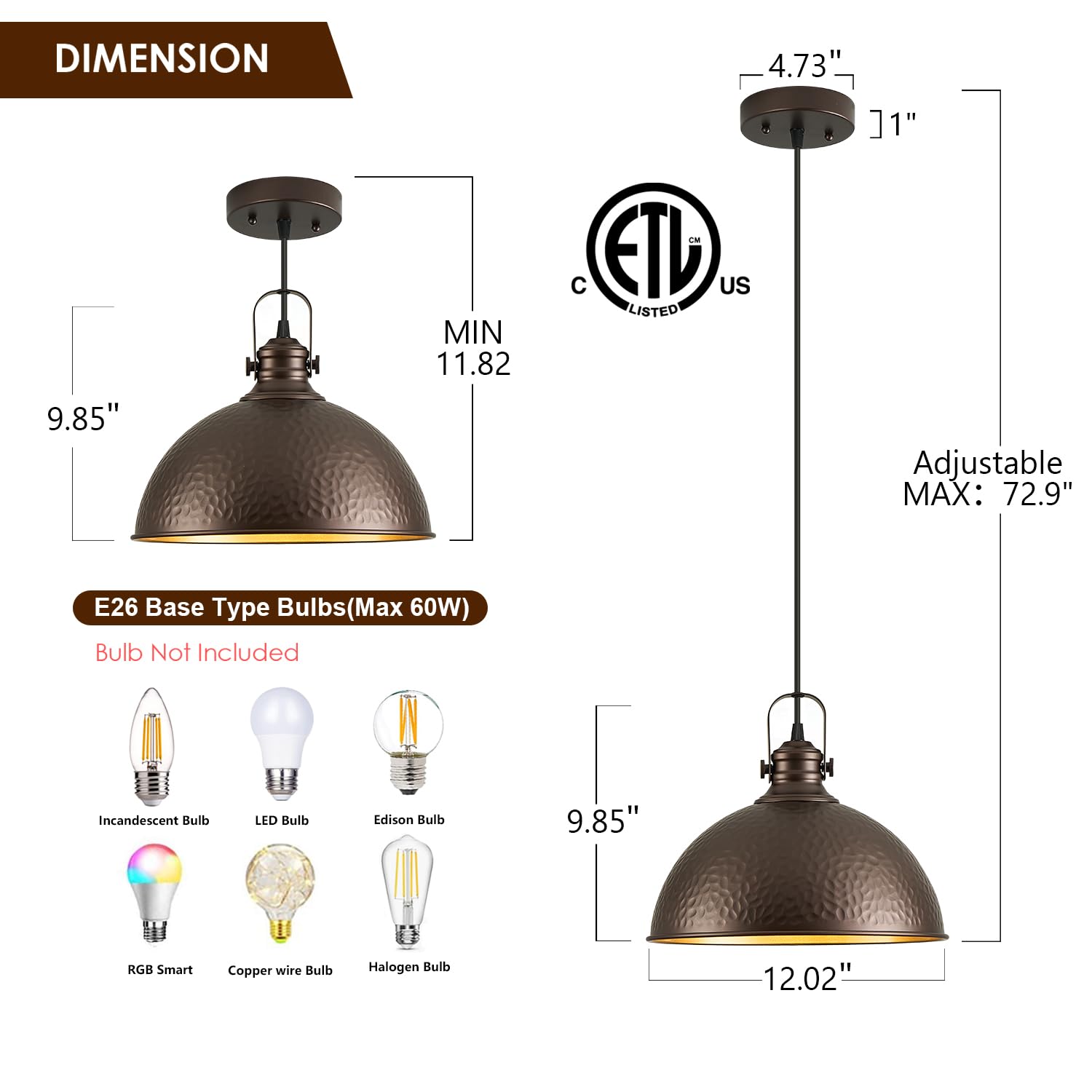Refice Farmhouse Pendant Lights, Hammered Metal Shade, Oil Rubbed Bronze, 2 Pack, Adjustable Height, Model FCD005-2-ORB