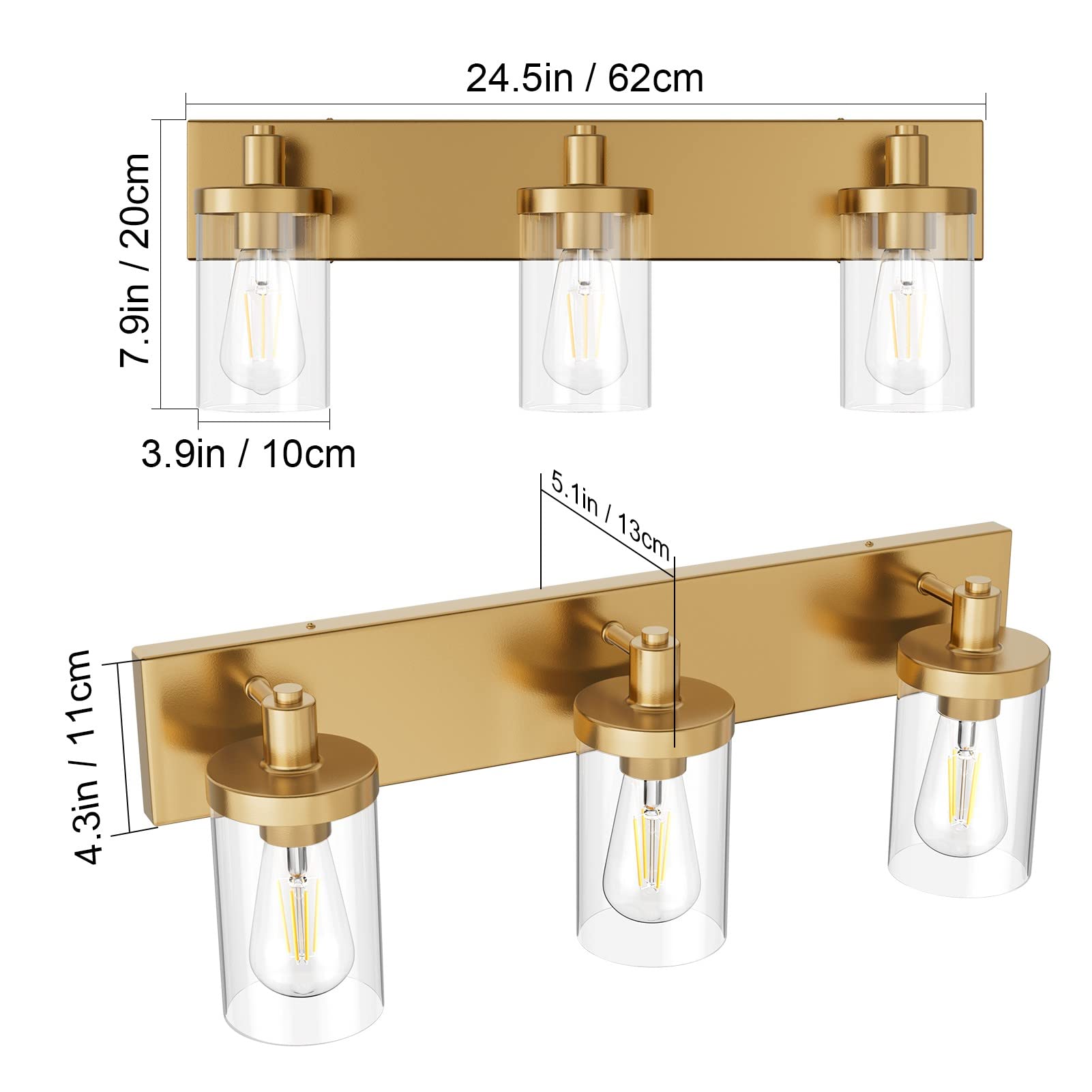 Aipsun Gold Vanity Light 3-Light Aluminum Bathroom Lighting Fixture GW-1136 with Clear Glass Shade