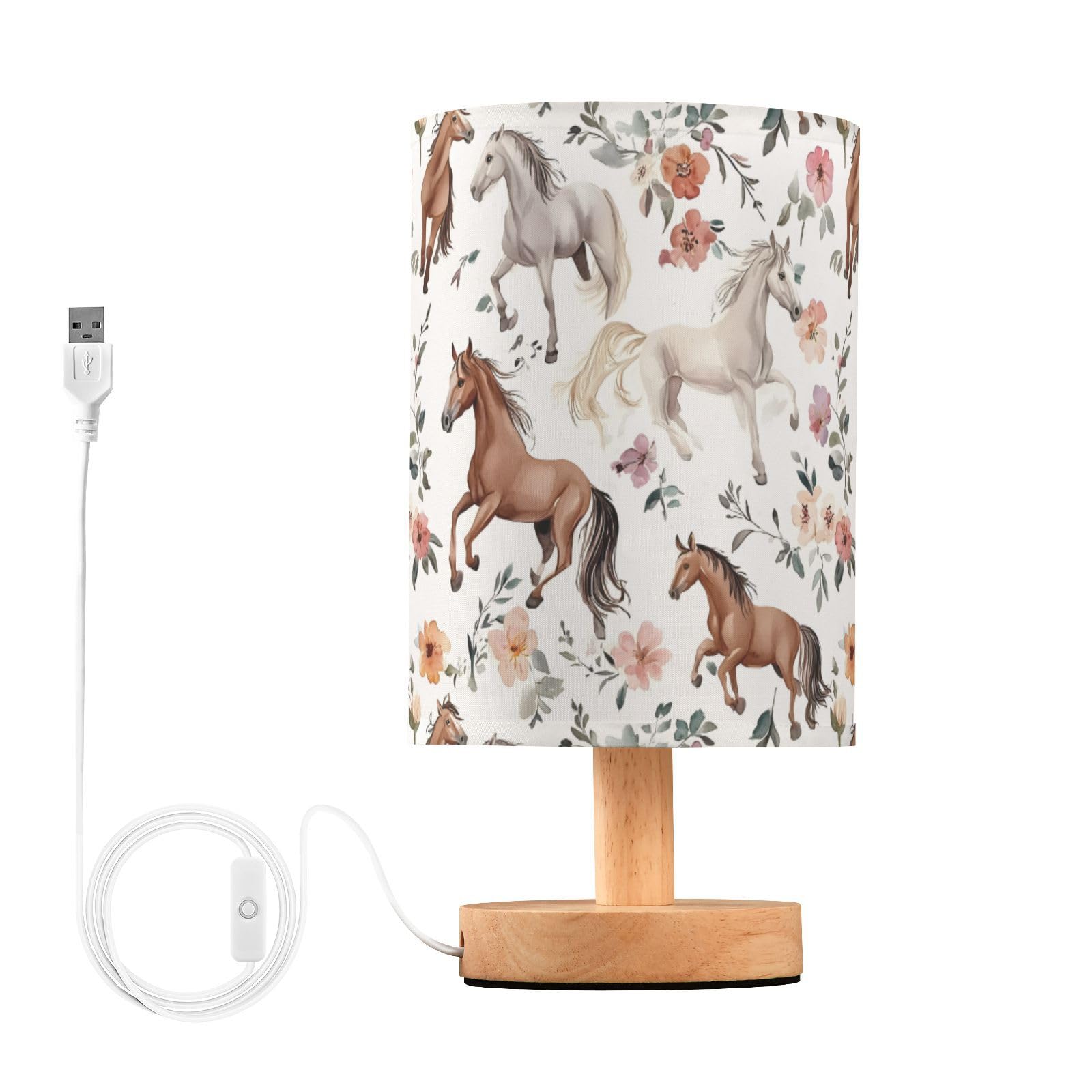 ALAZA Watercolor Horses Flower Table Lamp for Bedroom USB Port Bedside Lamp Small Nightstand Desk Lamp for Girls Boys Kids Room 