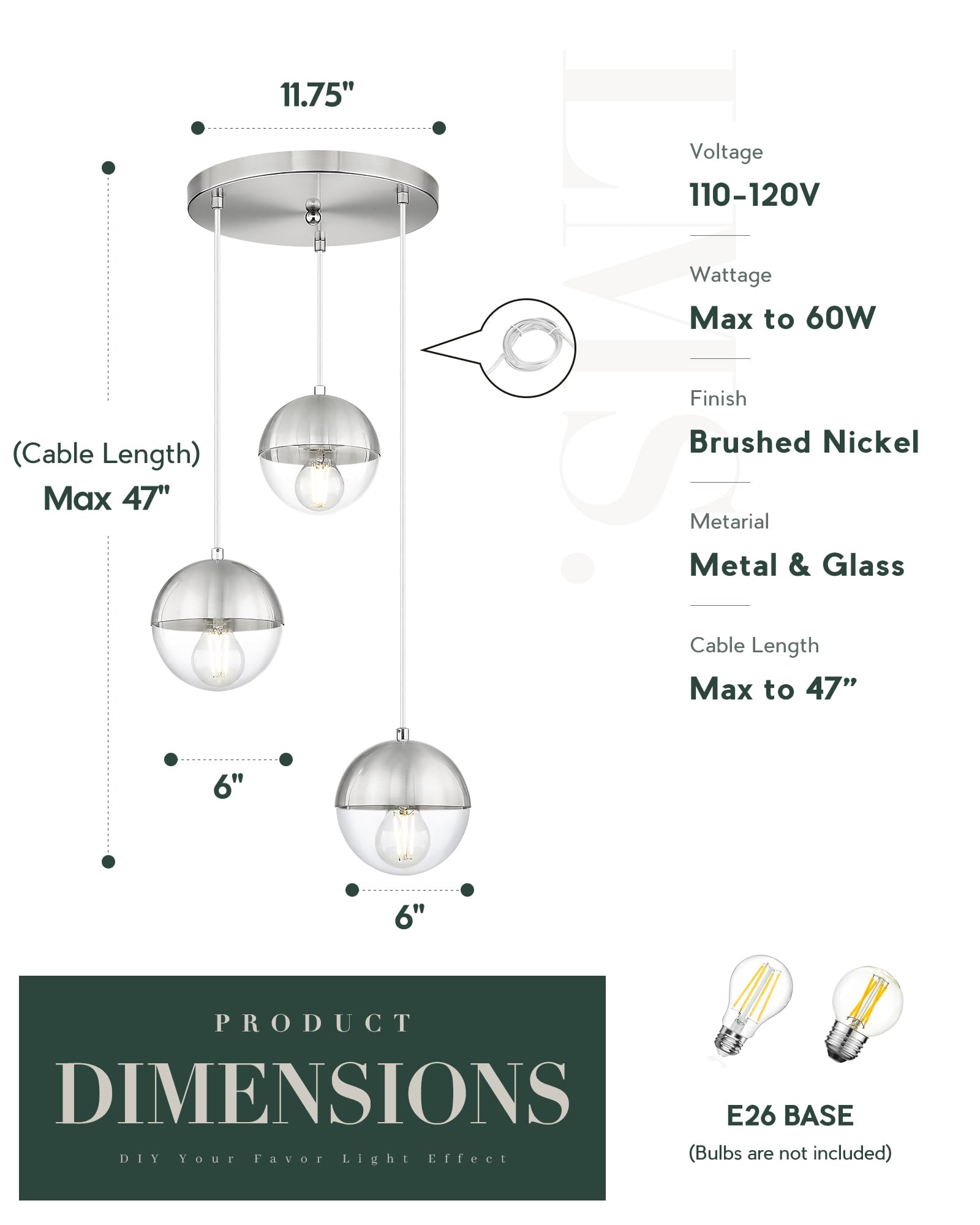 Lms Modern Brushed Nickel 3-Light Cluster Pendant Lights, Mid Century Pendant Lighting With Clear Globe Glass Shade, Adjustable