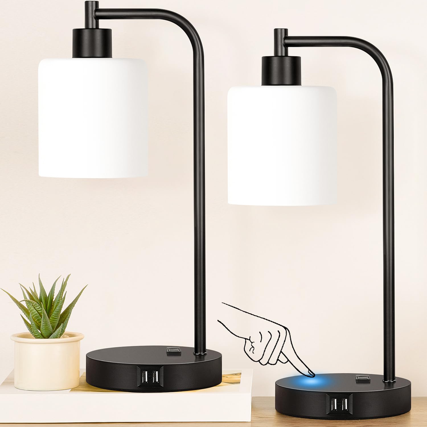 Nintiue Set of 2 Industrial Table Lamps - 3-Way Dimmable, Black with Opal Glass Shade, USB Ports & AC Outlet - Model N202108