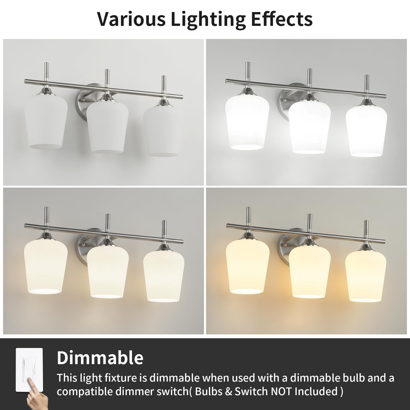 foucasal Bathroom Light Fixtures 3-Light Brushed Nickel with Milk Glass Shade, Modern Vanity Wall Light