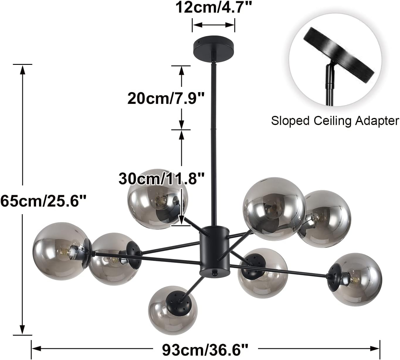 KCO Modern Glass Globe Sputnik Chandelier 8-Light Black+Smoke Grey L1085-8-BS Farmhouse Industrial Pendant Light Fixture