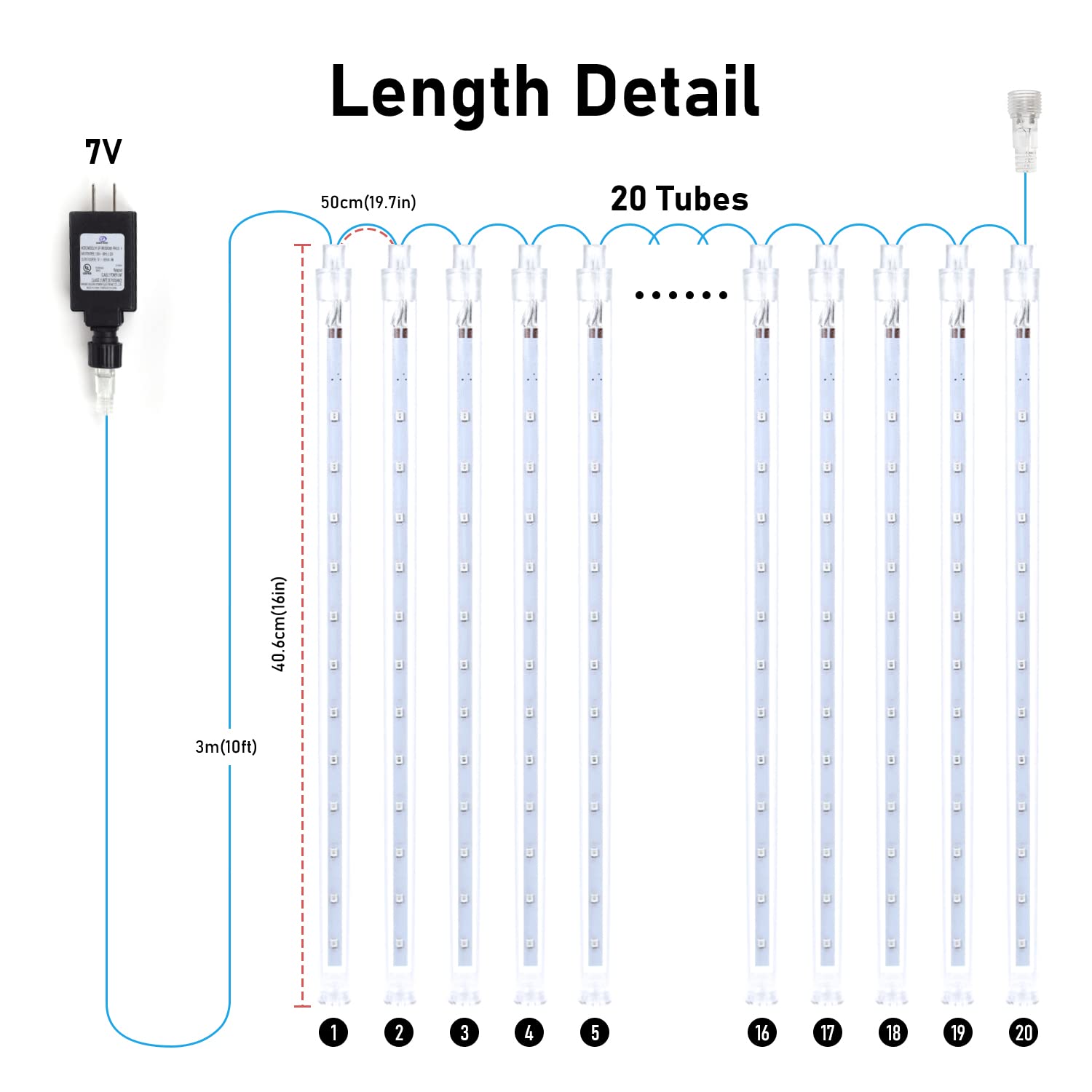 Aluan Meteor Shower Lights, 20 Tubes, 16 inch, 720 LED, Waterproof, Multicolor, Model GP-SW070DC0857-IP44(US)A