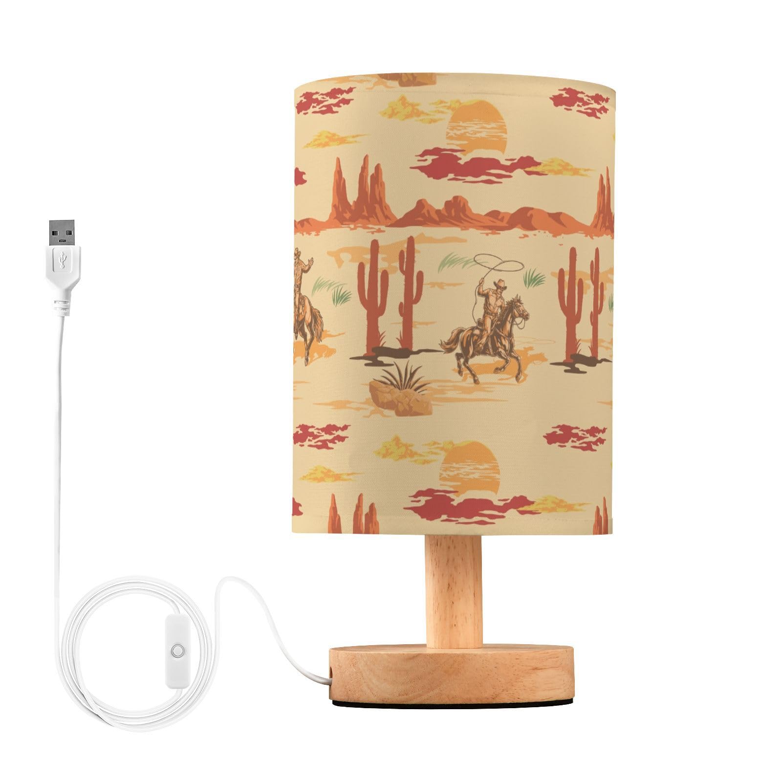 BOENLE Bedside Lamp West Cowboy Horse Cactus Table Lamp for Bedroom LED Nightstand Lamp Shade USB Ports Wood Base for Living Roo