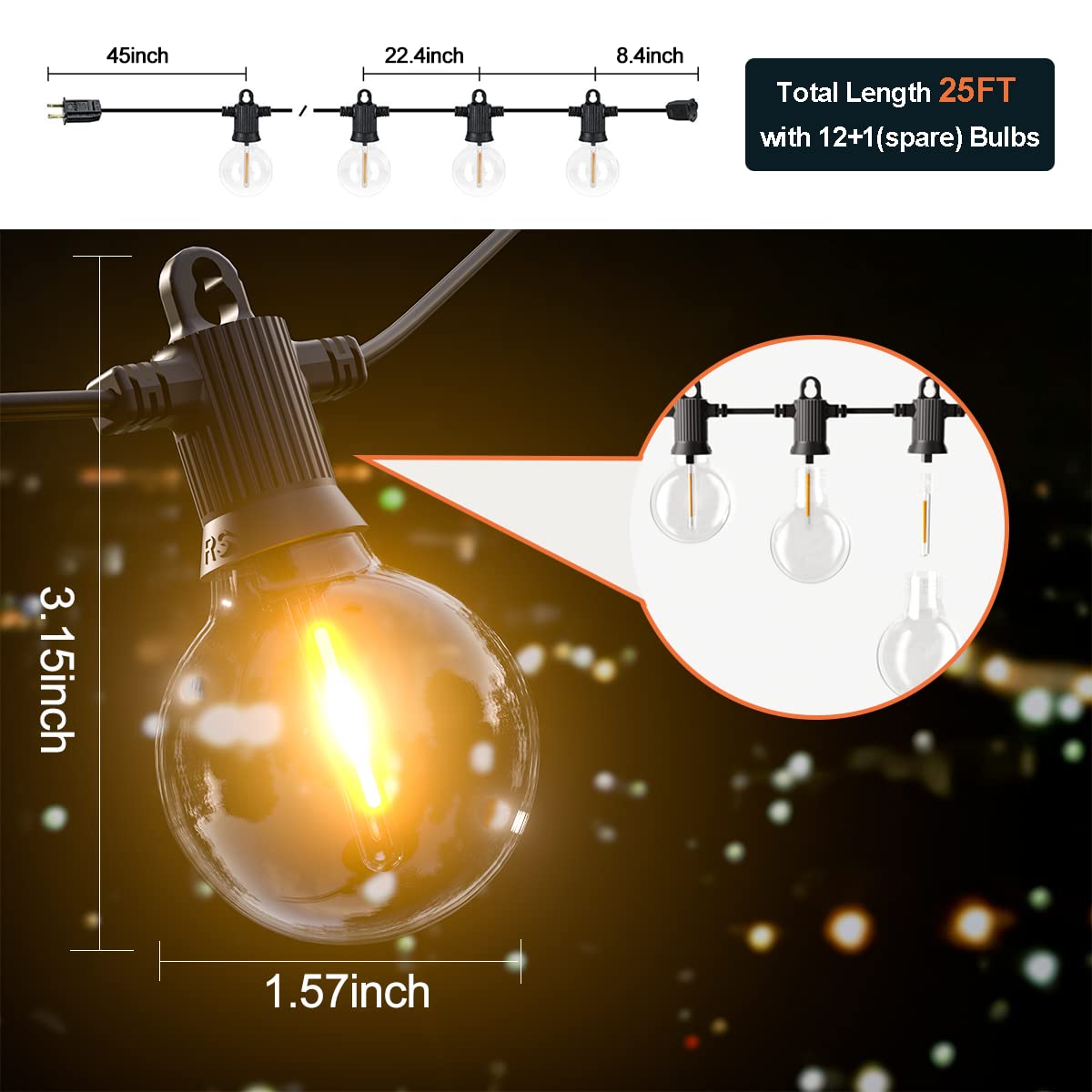 Kawaya Outdoor String Lights 25 Ft Led Patio Lights With 12+1 Shatterproof Edison Globe Bulbs - Ip65 Waterproof Dimmable Hanging