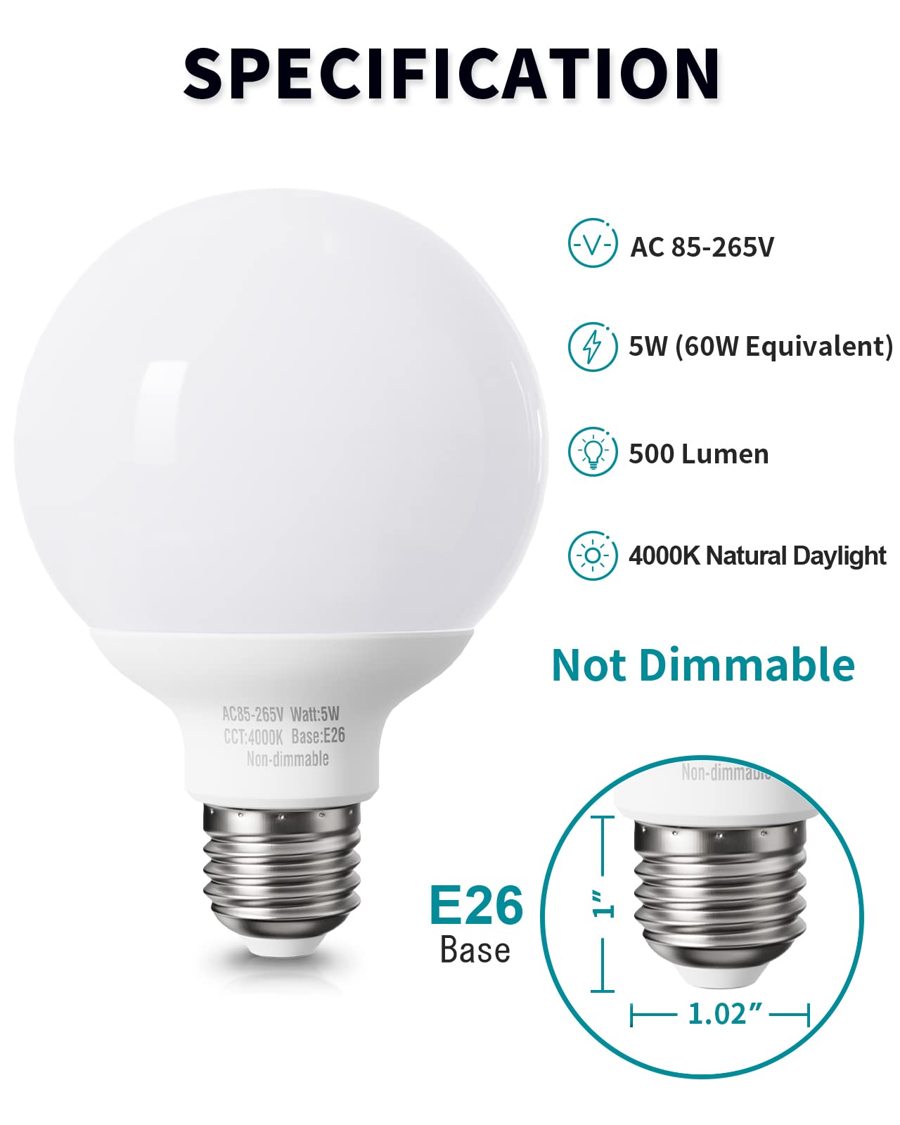 Pazetiv 8 Pack Led Globe Light Bulbs For Bathroom, 120V 60 Watt Equivalent, Natural Daylight 4000K, E26 Medium Base, Non-Dimmabl