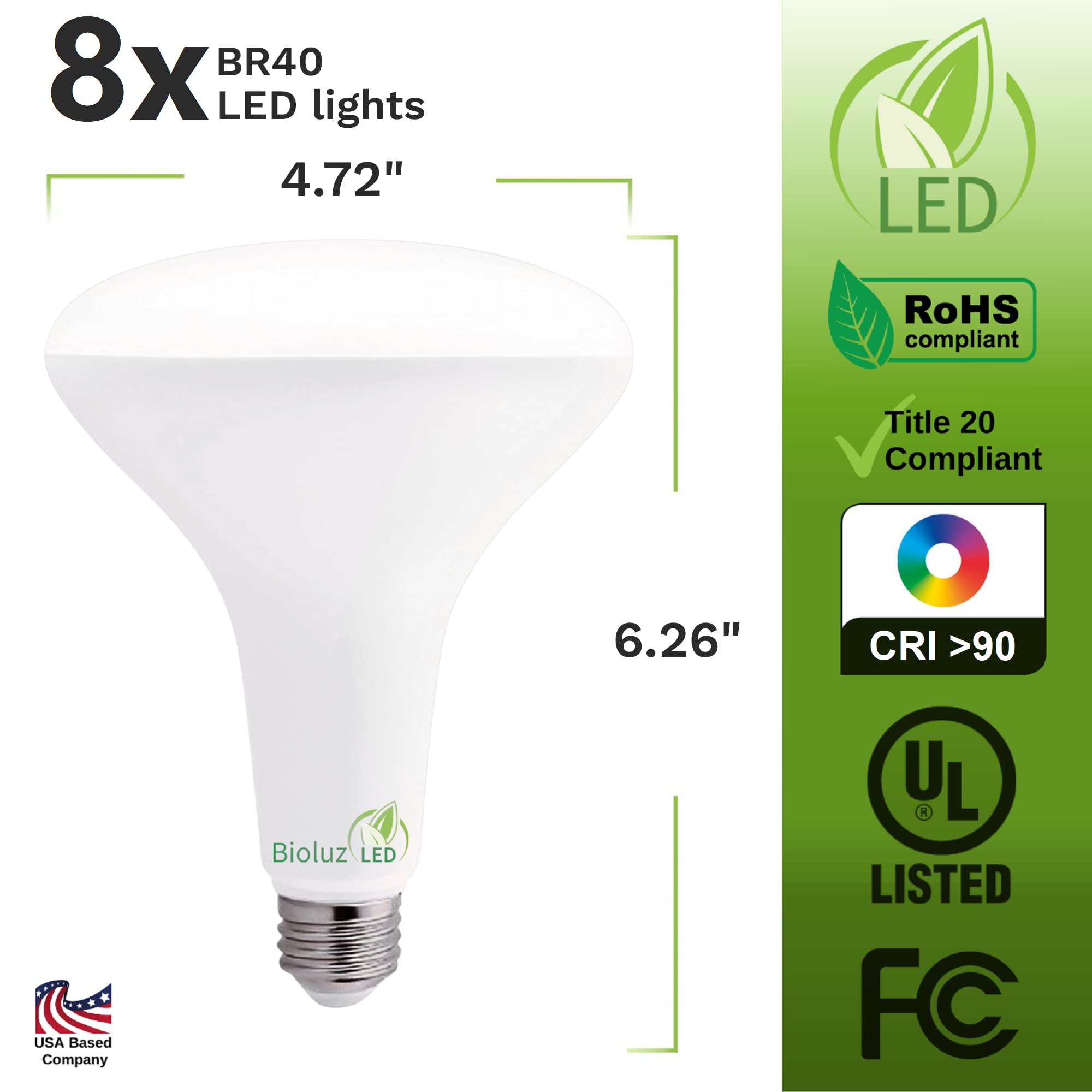 Bioluz LED BR40 Light Bulbs 8 Pack 2700K Warm White Dimmable 1250 Lumen Outdoor/Indoor Flood Lights