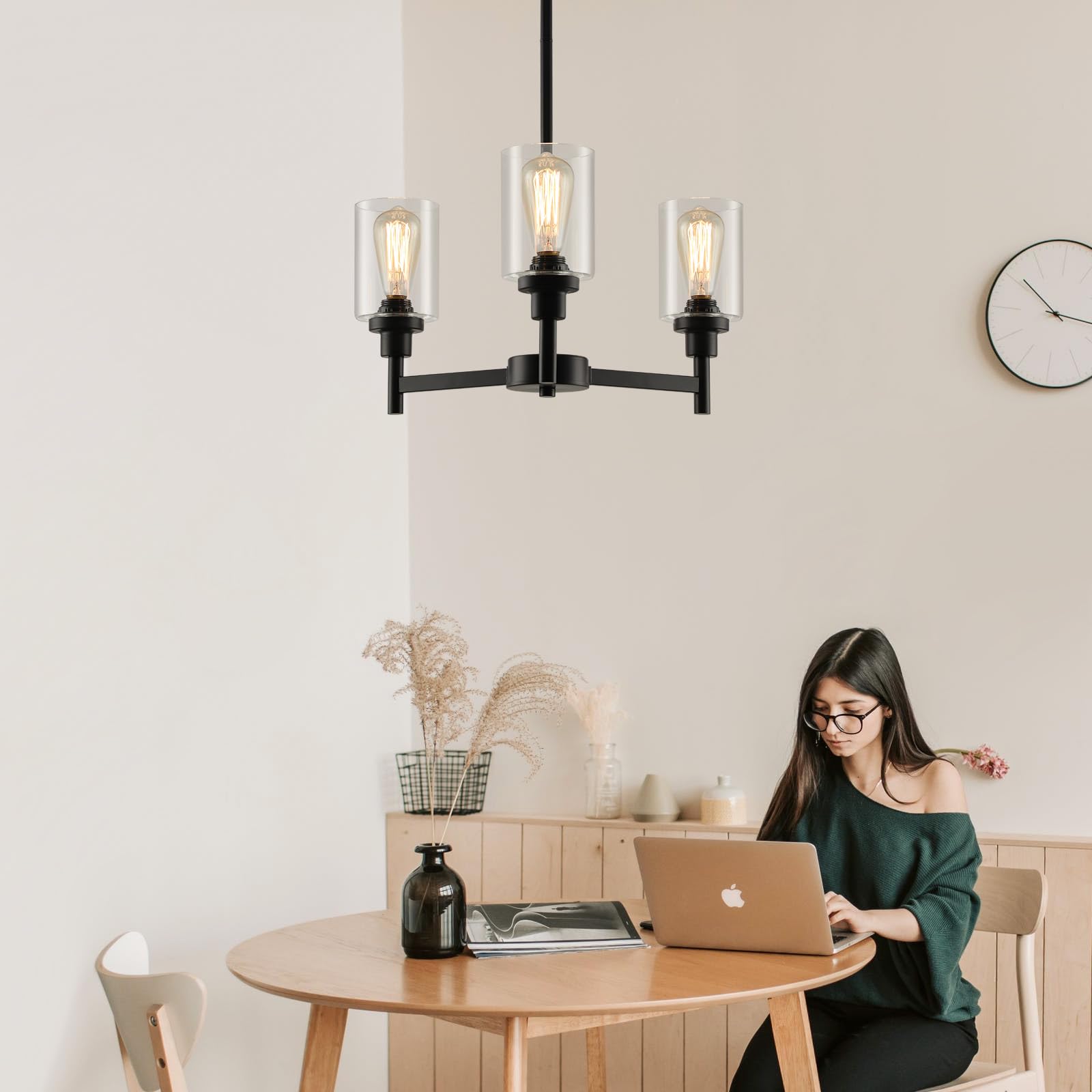 LIGHTDAMY 3-Light Black Chandelier - Glass Shade Lighting Fixture for Dining Room, Foyer, Hallway - Model Y292492501