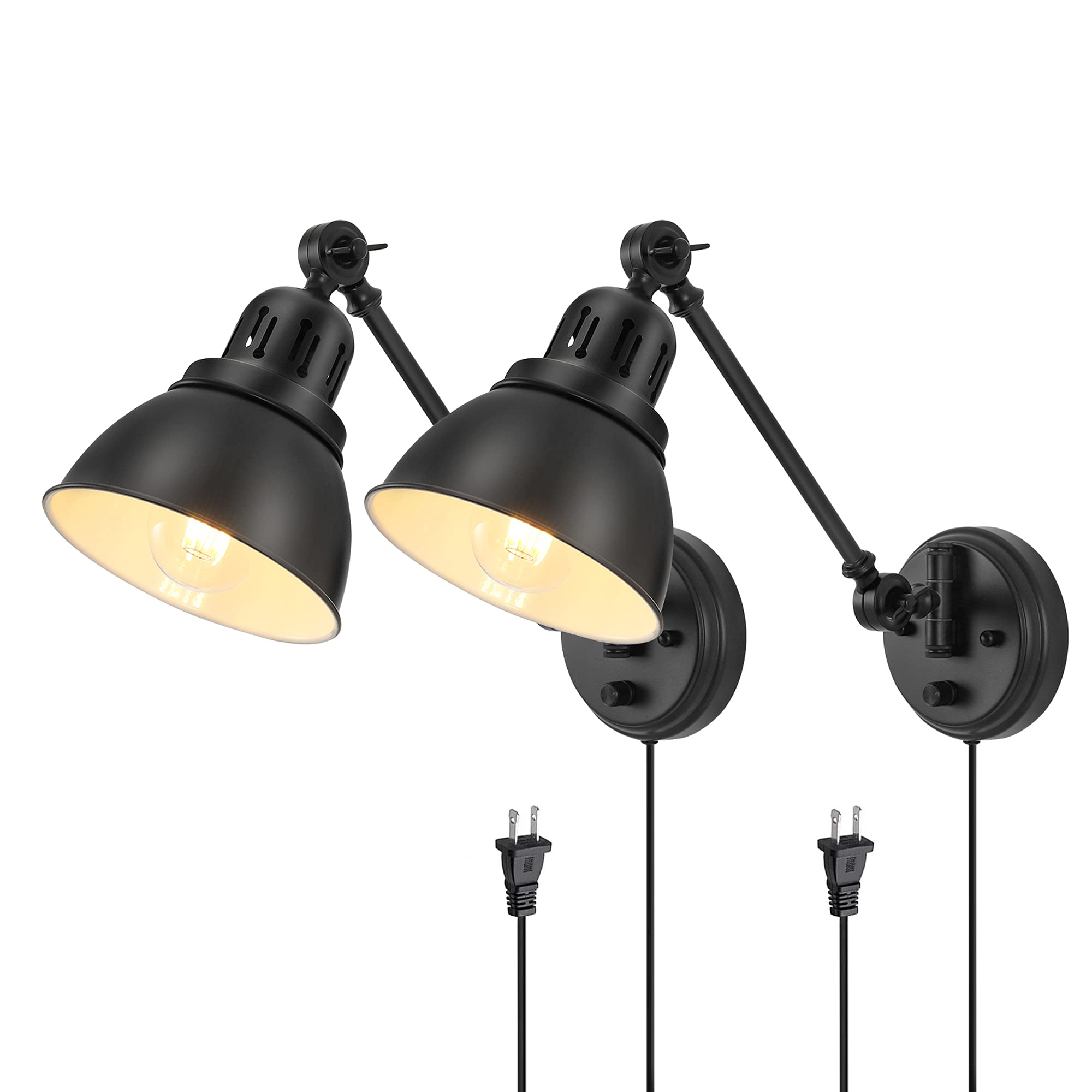Goodate Wall Sconces Set Of 2, Dimmable Swing Arm Black Metal Lighting With 6Ft Cord