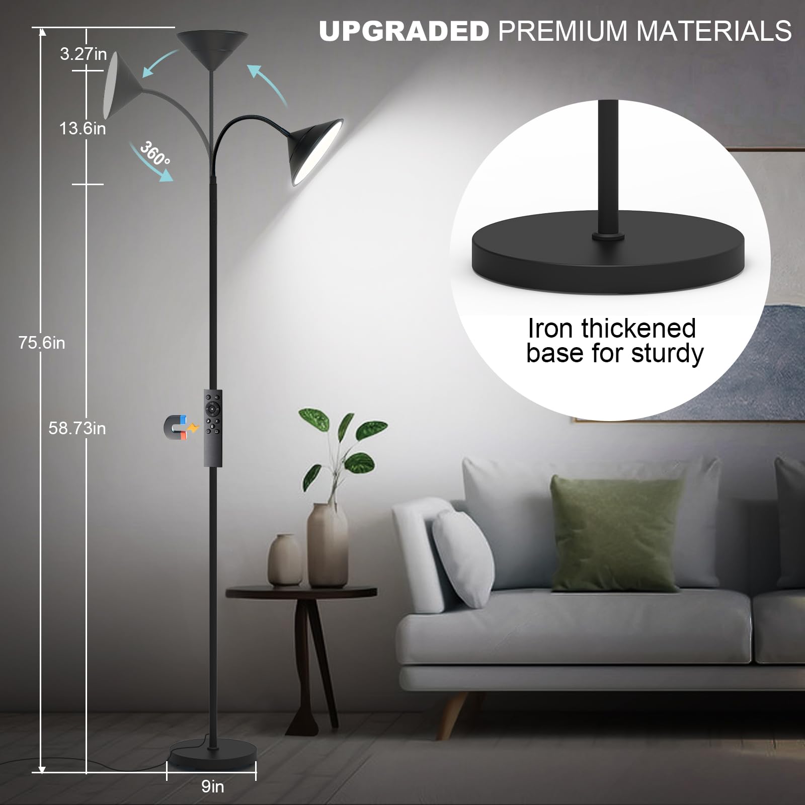 LED Floor Lamp, 18W LED Floor Lamps for Living Room, Stepless Adjustable Colors & Dimmable Standing Lamp with Timer, Remote & To