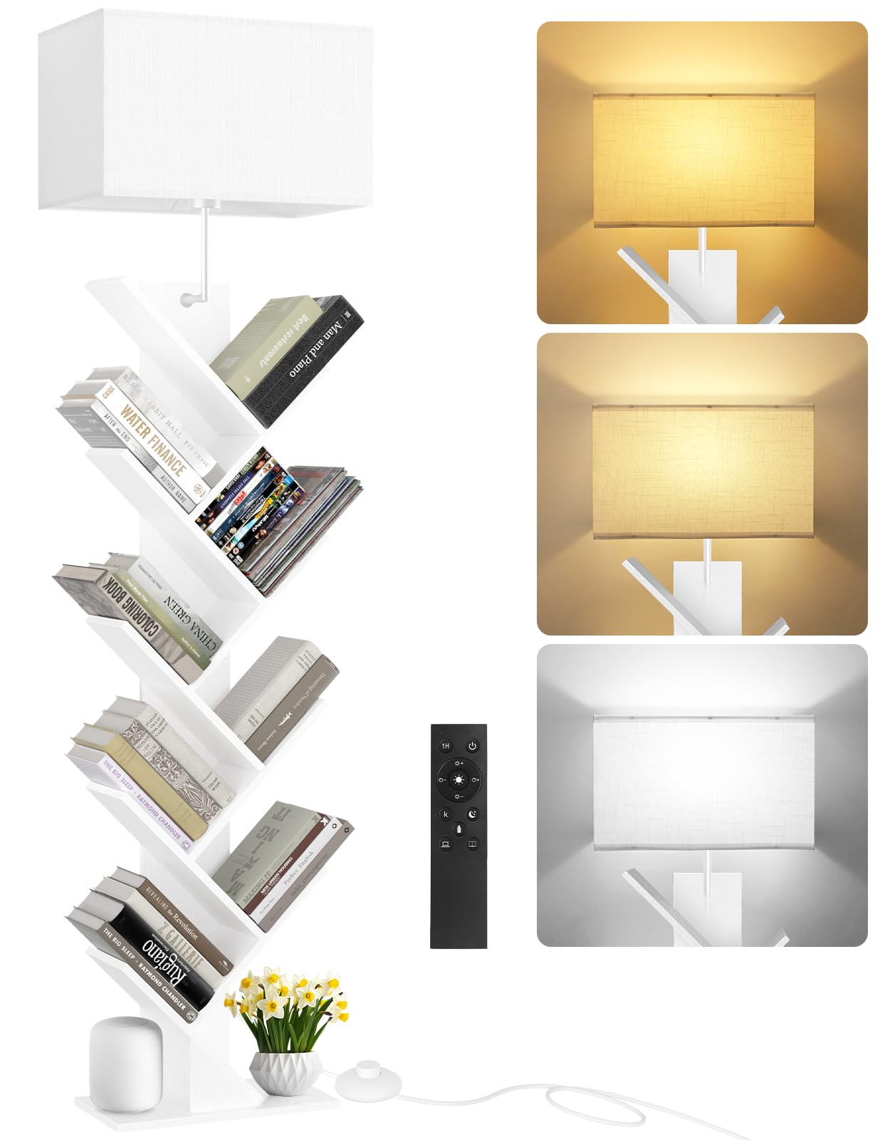 OUTONLIFE 9 Tier Tree Bookshelf with Light, Engineered Wood, 60inH x 13.6inL x 6.7inW, White, Model YMEUSJ05