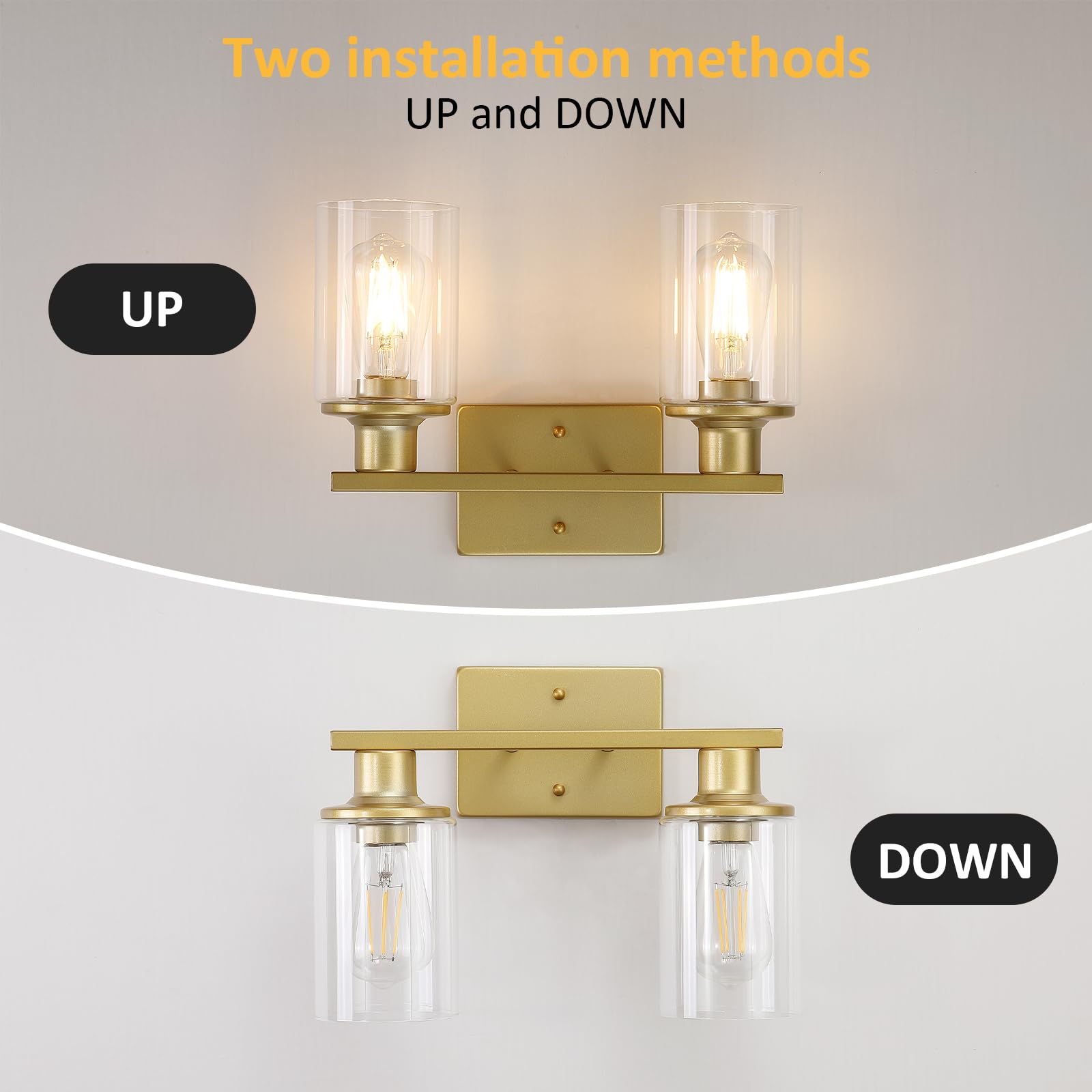Litaddscen Gold Bathroom Light Fixtures Over Mirror,2-Light Bathroom Vanity Light With Clear Glass Shade,Modern Farmhouse Wall S