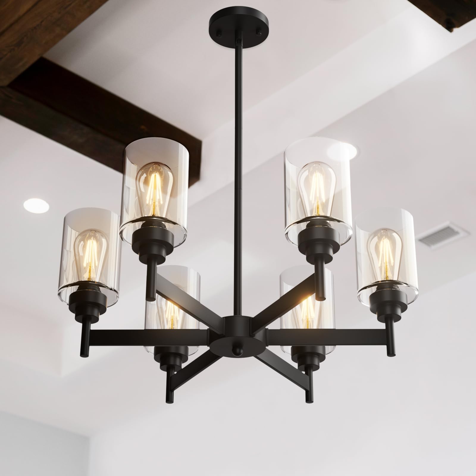 6-Light Chandeliers for Dining Room, Rustic Industrial Kitchen Chandeliers with Clear Glass Cylinders, Adjustable Height, Dining