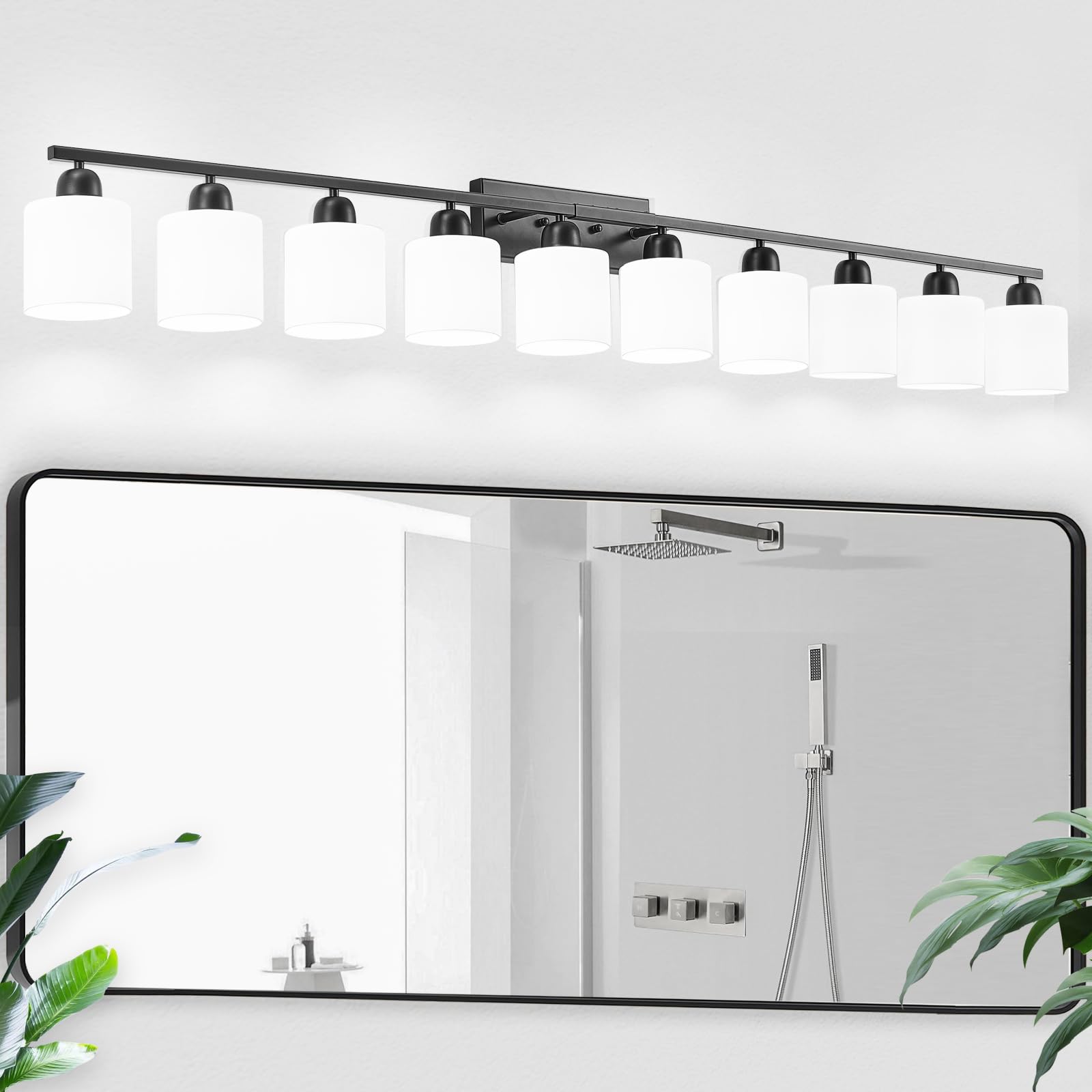 FAISHILAN 10-Light Black Bathroom Vanity Light Fixture, Milky White Frosted Glass Shades, E26 Base, 65 Inch, Model FSL-212--NBH-10