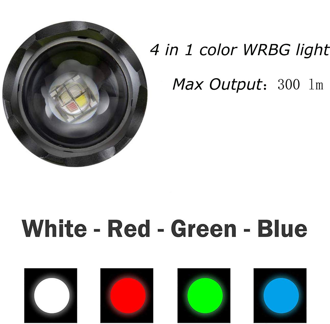 4 In 1 Multicolor Flashlight, 300 Lumen Zoomable One Mode White Red Green Blue Light, Hunting Flashlight