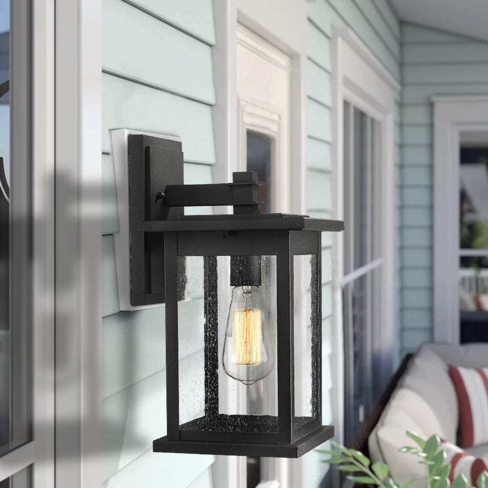 Emliviar 1-Light Outdoor Wall Lantern, 14&quot; Black Finish With Seeded Glass, Large Size