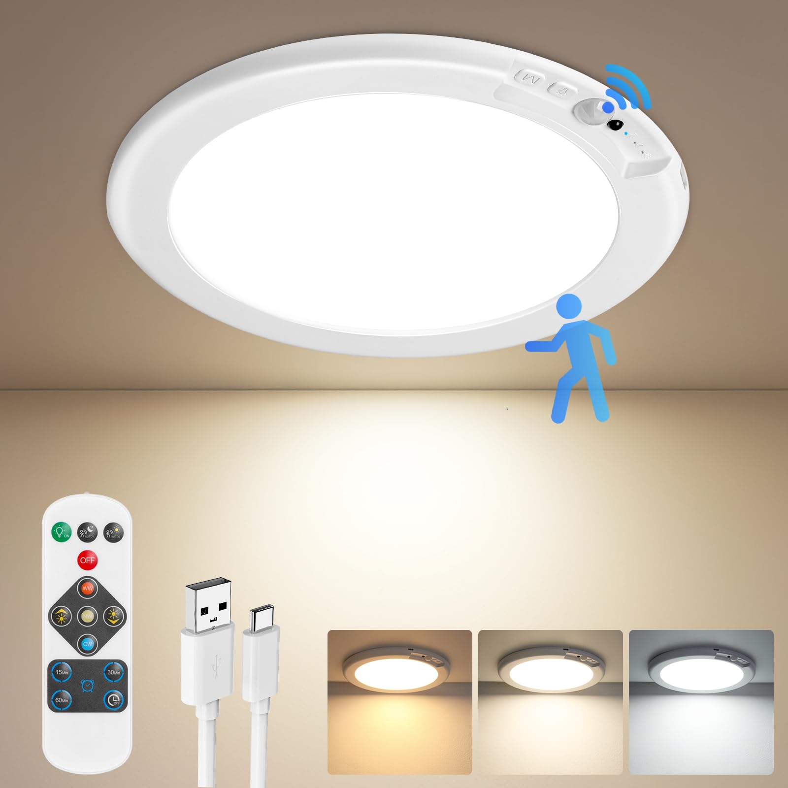 Rechargeable Motion Sensor Ceiling Light With Remote, Battery Operated Ceiling Light No Wiring, Wireless Led Ceiling Light, 3 Co