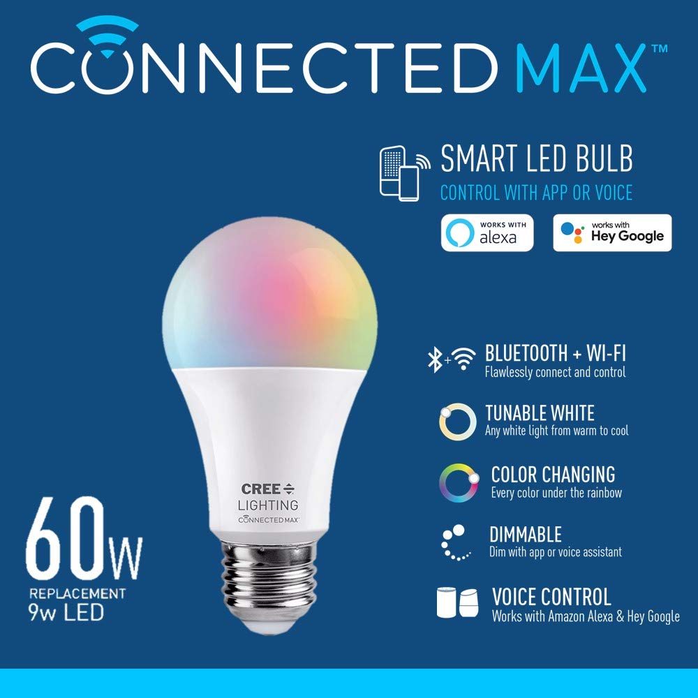 Cree Lighting Connected Max Smart LED Bulb A19, 60W, Tunable White + Color Changing, Bluetooth + WiFi, CMA19-60W-AL-9ACK, 1