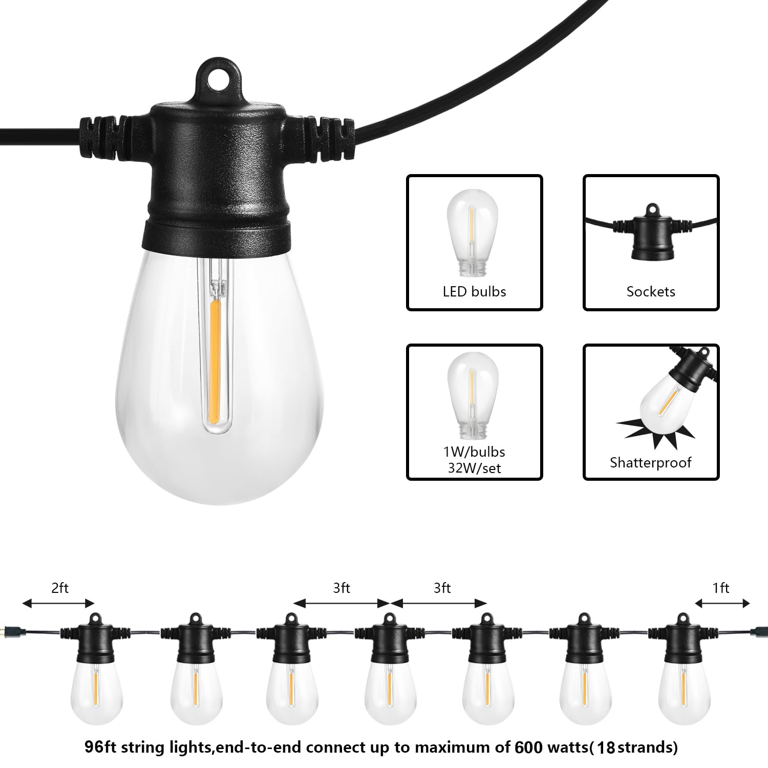 SUNTHIN Outdoor String Lights, 96FT Patio Lights with 32 LED Bulbs, Black Shatterproof for Garden, Deck, Porch, Party, Model GLS-18J2P-E26