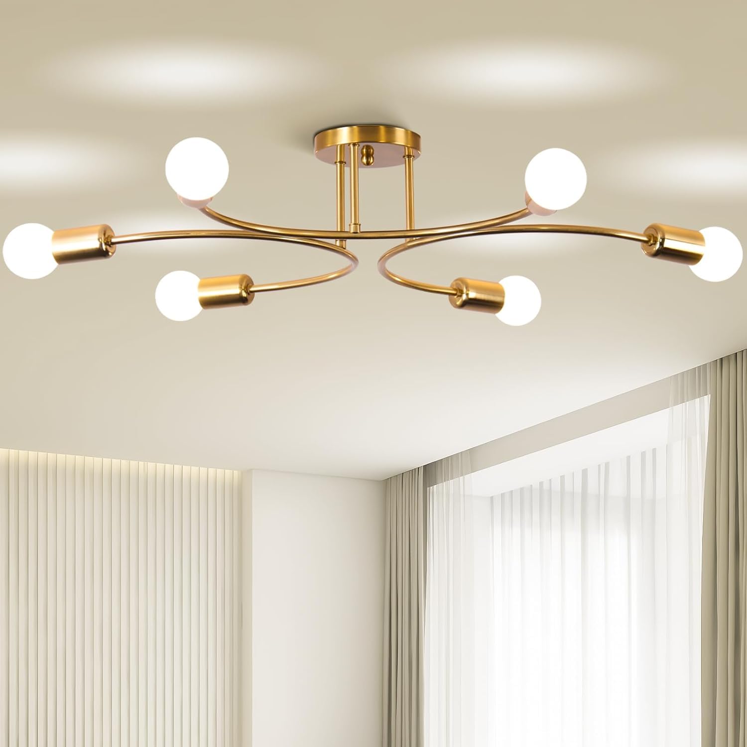 Frixchur Gold Sputnik Chandelier Ceiling Light Fixture, 6-Light Mid Century Industrial Metal Flush Mount Ceiling Lights Modern B