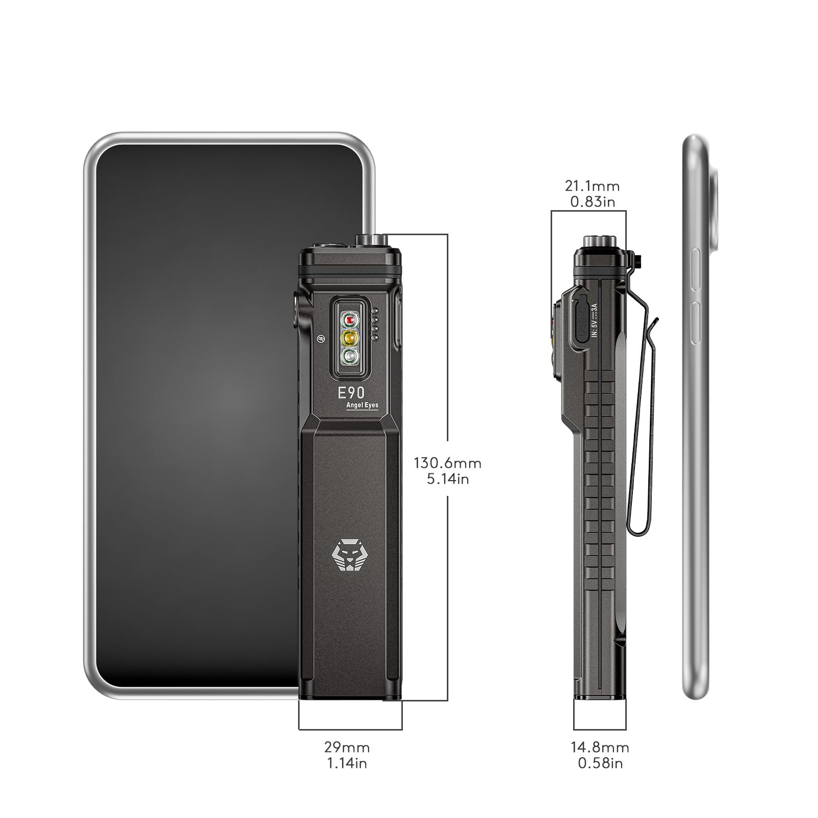 RovyVon E90 Flat EDC Flashlight - 3500 Lumens, USB-C Rechargeable, Gunmetal, IP68 Waterproof, Model R28M+