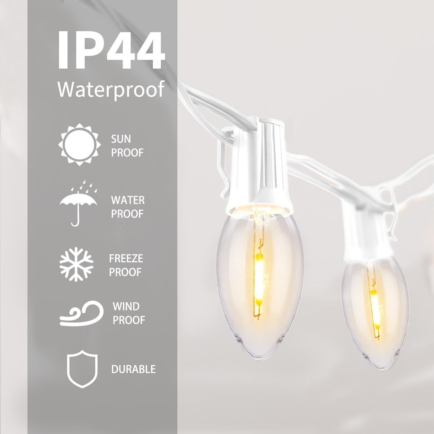 Minetom Vintage C9 LED Christmas Lights, 50Ft String, Shatterproof Bulbs, Warm White-White Wire, Model GYPC-O25LAU