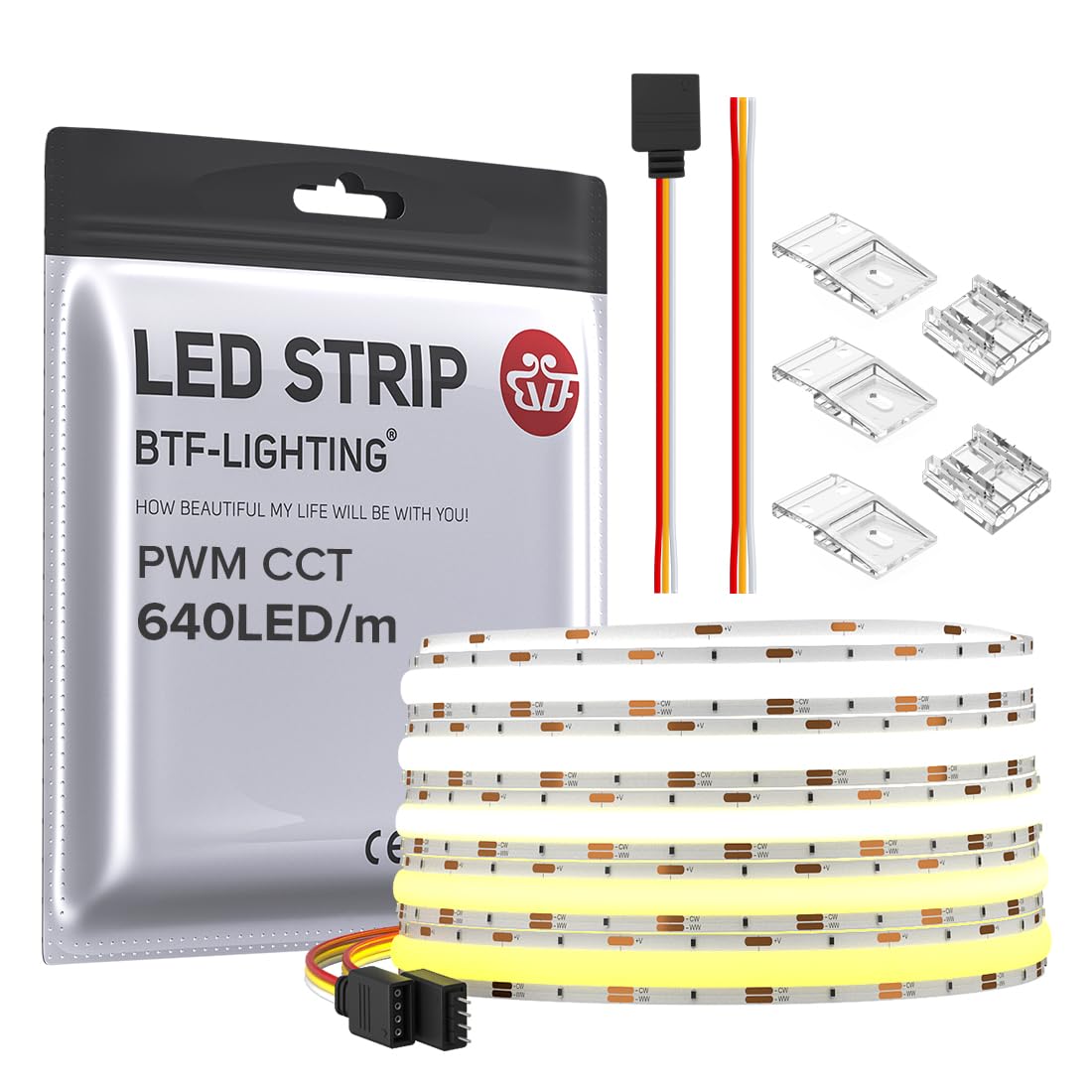 BTF-LIGHTING LED Strip Light 16.4FT 640LED/m Dimmable 3000K-6000K White DC24V Model FOB5M24V640LCCT