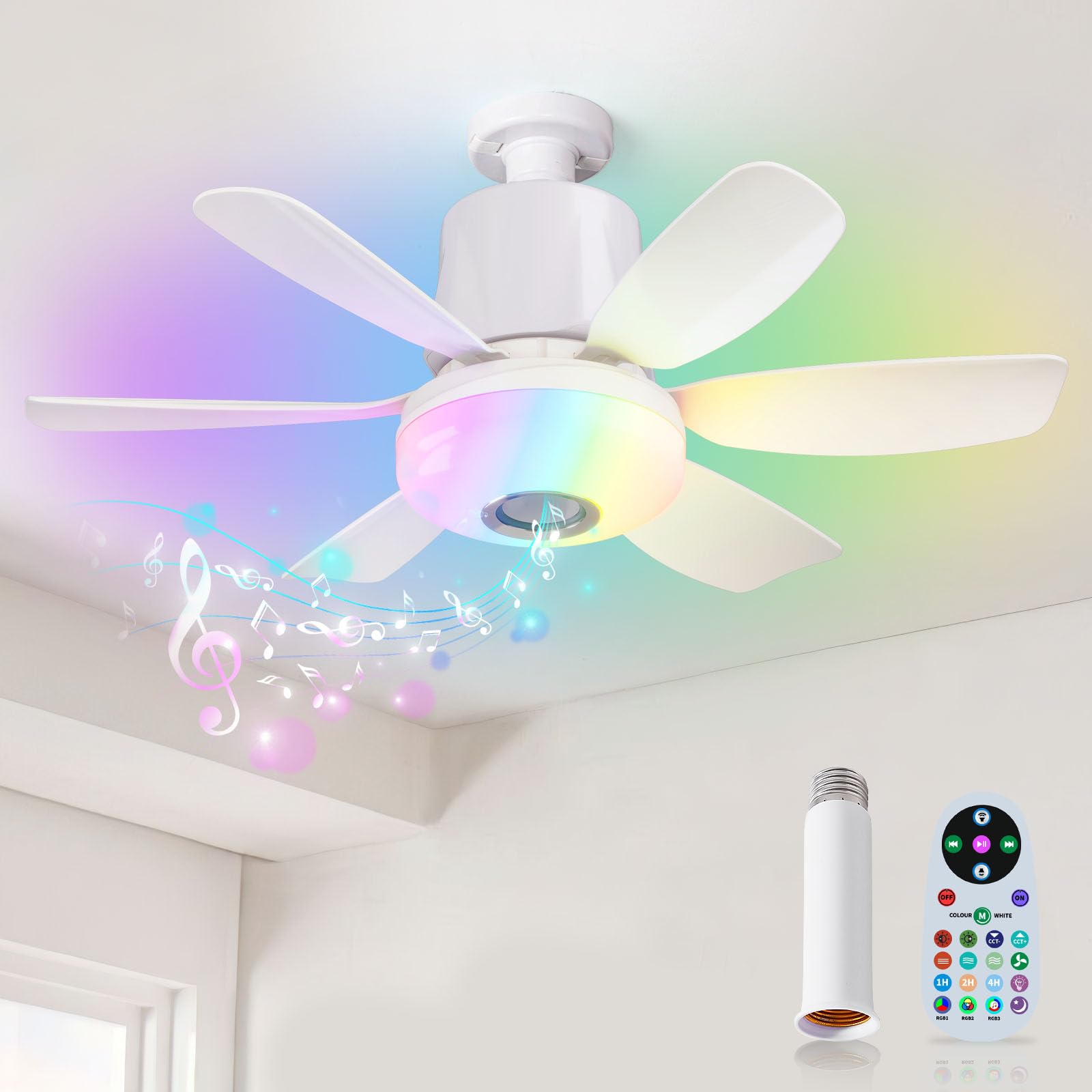 Flarouch 4 in 1 Socket Fan Light with Remote, Dimmable LED, Bluetooth Speaker, Small, White, Model LEC020R-W