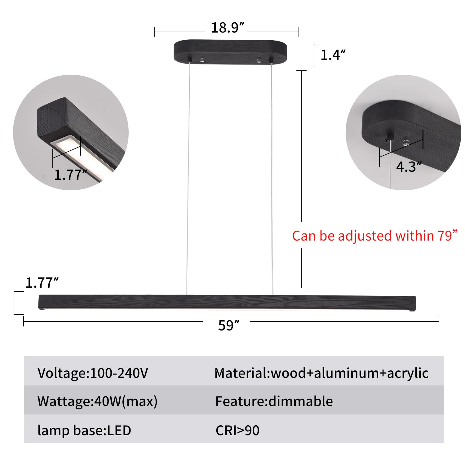 Yisdesign 59 Led Pendant Light 40W Dimmable With Remote Wood Linear Pendant Lighting Led Modern Chandelier Island Light With Black Finish For Living Room Dining Room Billiard & Pool Lights Black