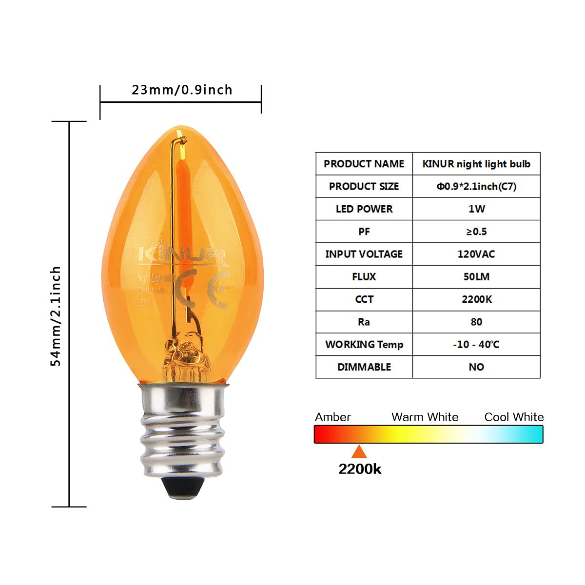 Kinur C7 Led Night Light Bulbs, Amber 2200K E12 Candelabra Base, 6 Pack, 1