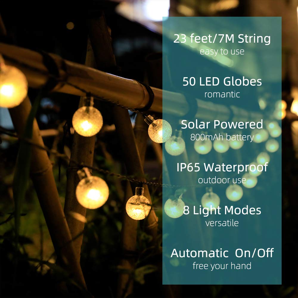 Metaku Solar String Lights Outdoor 23ft 50 LED Globe Lights Warm White Waterproof Decorative for Patio Garden Gazebo Balcony