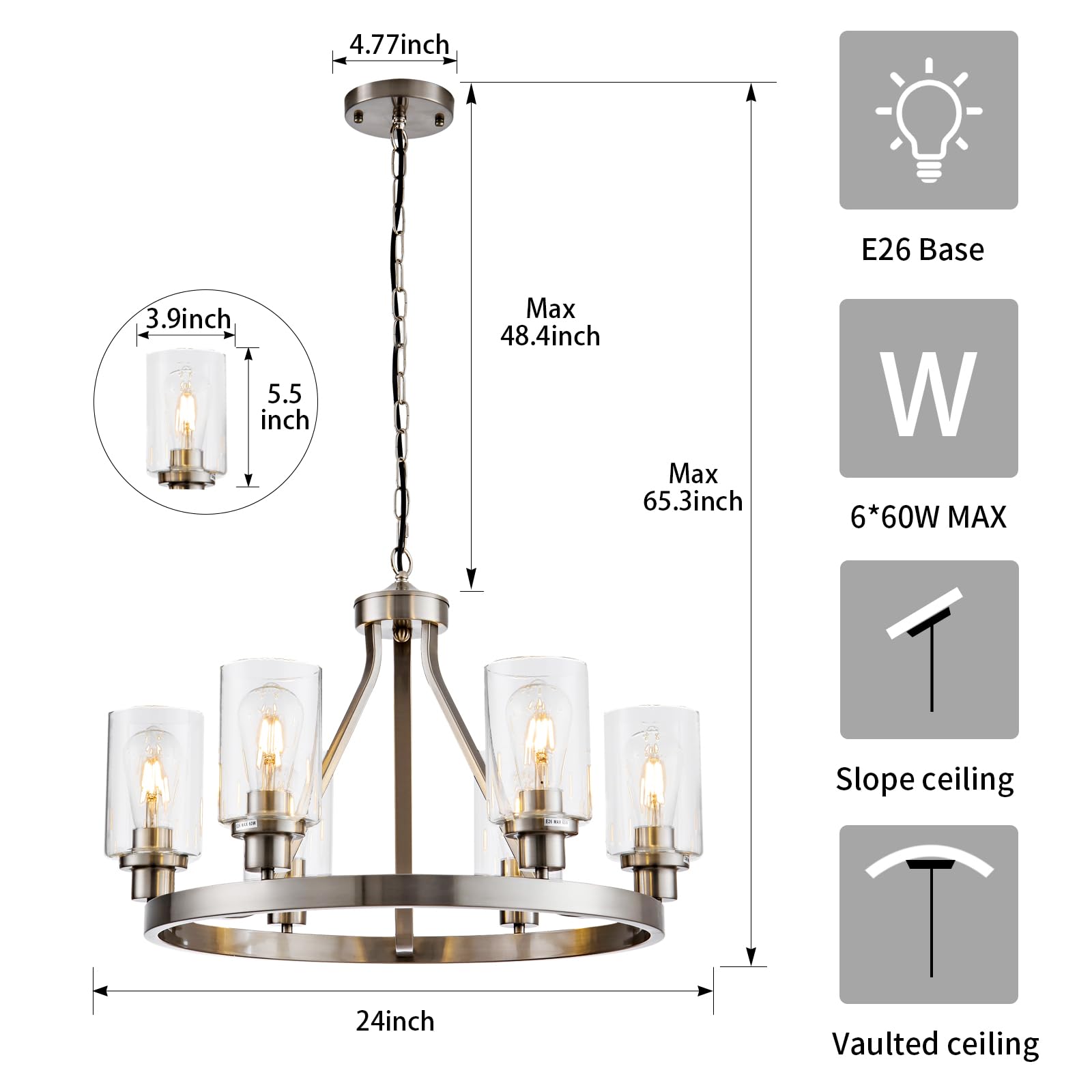 Lanhall 6-Light Chandelier Pendant Lighting Brushed Nickel Metal Adjustable Height for Dining Room Living Room Bedroom Entryway