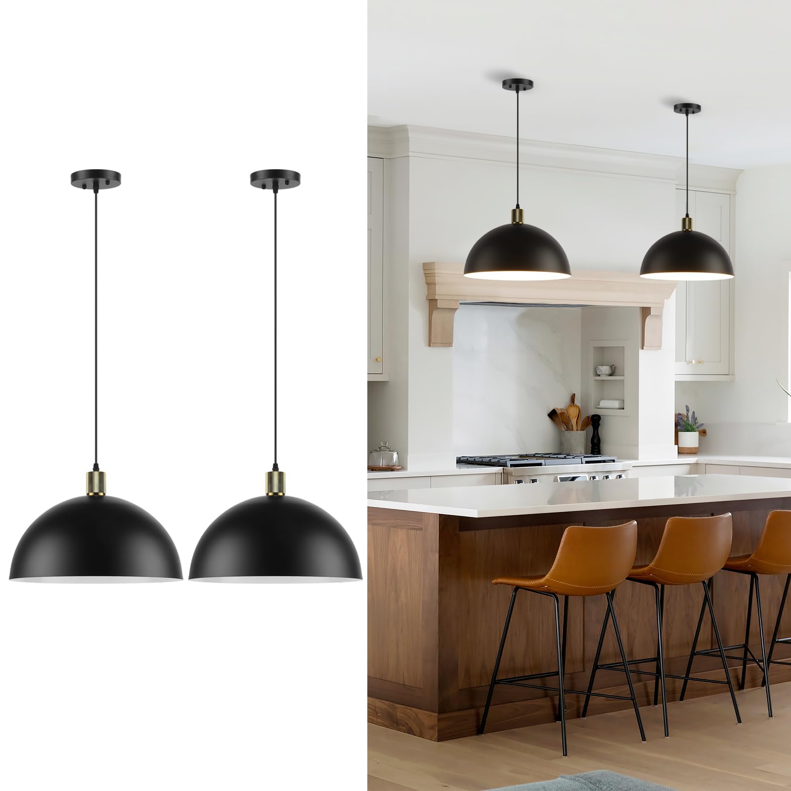 Karjearl Black Pendant Light Fixtures 2 Pack  15.7 Inch Large Dome Pendant Lighting Farmhouse Vintage Chandelier For Kitchen Island Dining Room