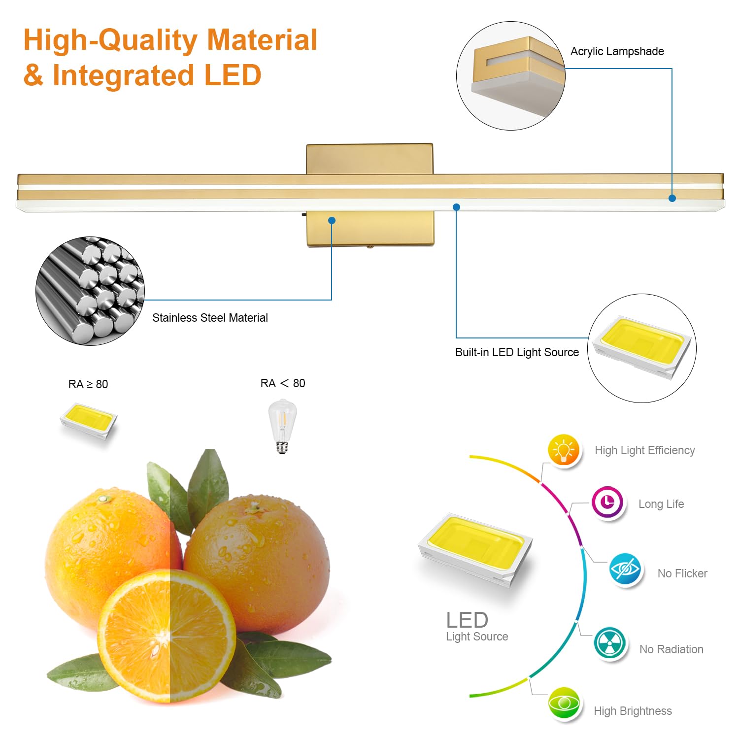 Sinerise Led Modern Bathroom Vanity Light Fixtures (32-Inch, 3000K/4000K/6000K, Dimmable), Gold Modern Acrylic Bathroom Wall Lig