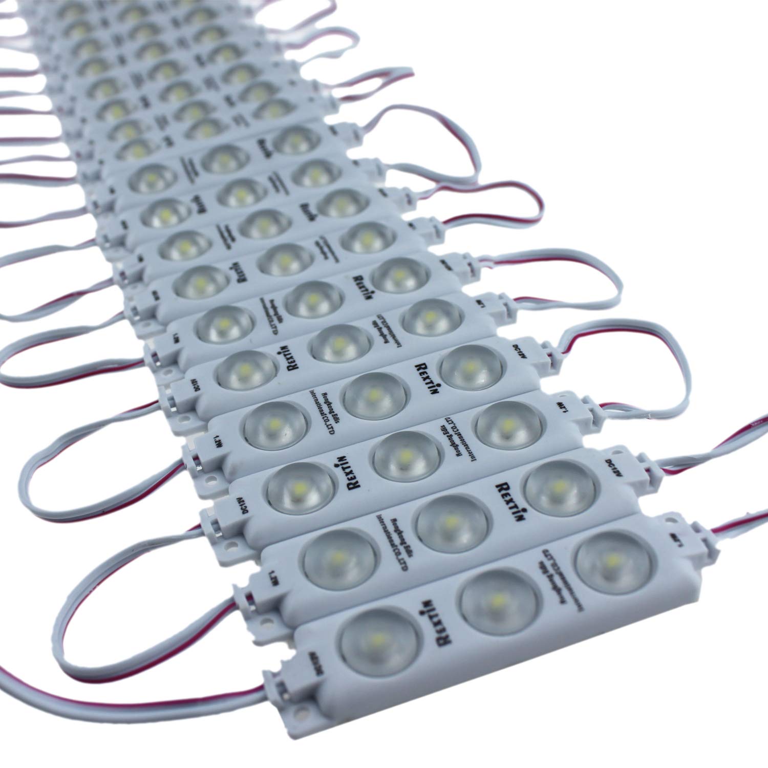 REXTiN 200PCS Super Bright Red 3LED 2835 LED Module, IP68 Waterproof Decorative Lights for Signs with Tape & Wire Crimp Cap