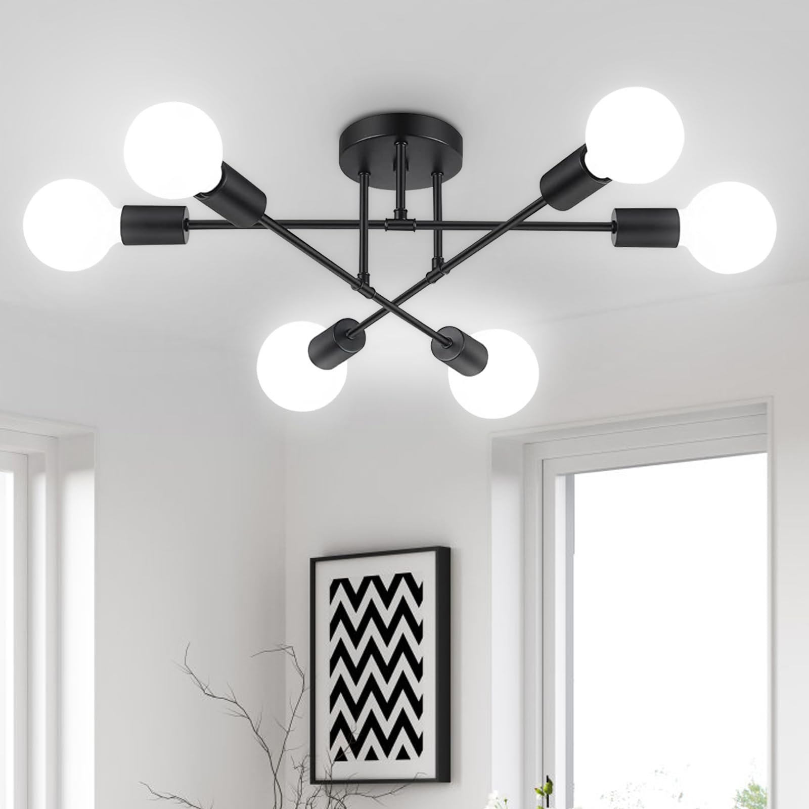 Maichixin 6-Light Ceiling Light Chandelier, Modern Metal Fixture, Black, Semi Flush Mount