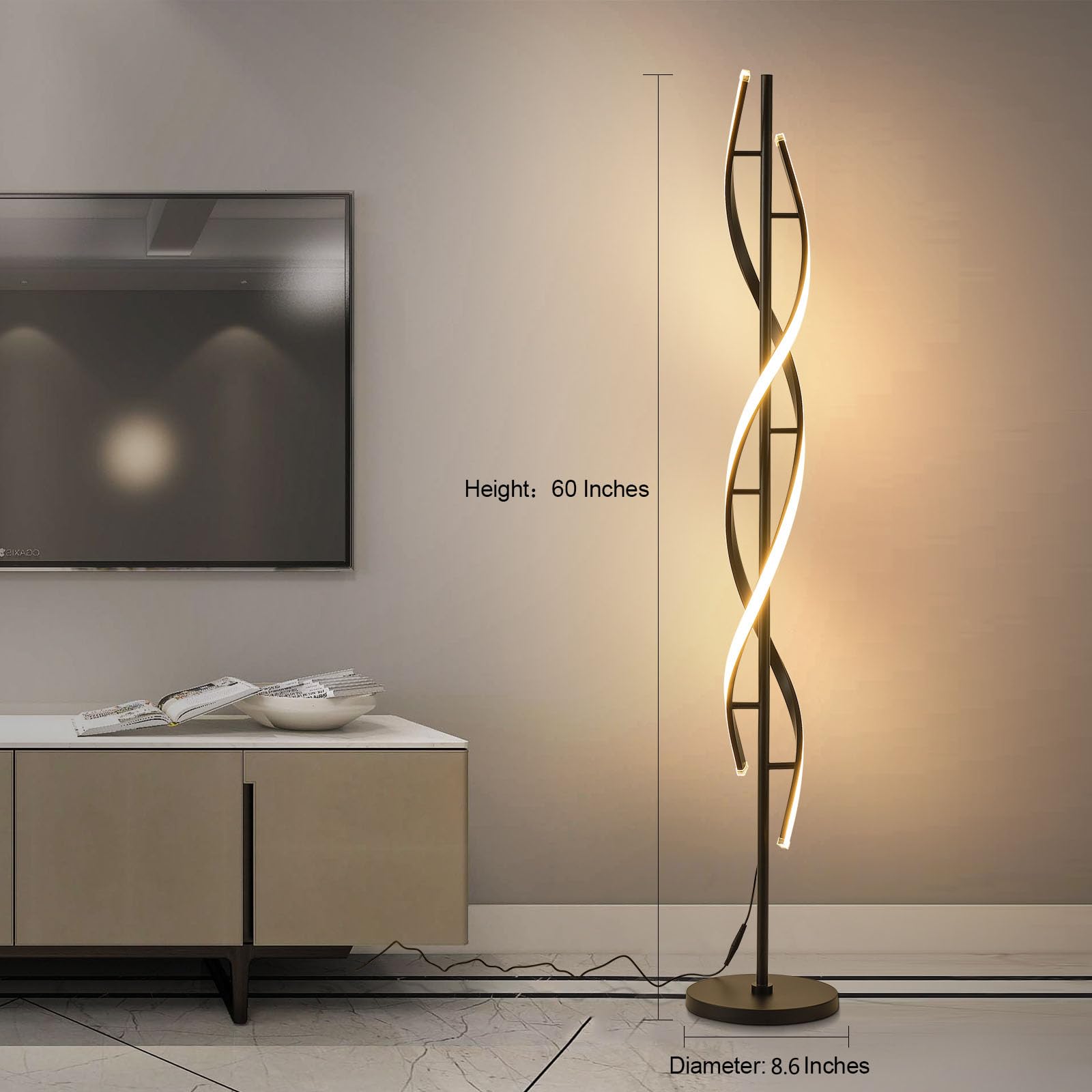 JTfany Modern Spiral LED Floor Lamp - 60" Dimmable Black Standing Lamp with Remote Control, 3 Color Temperatures for Bedroom & Living Room
