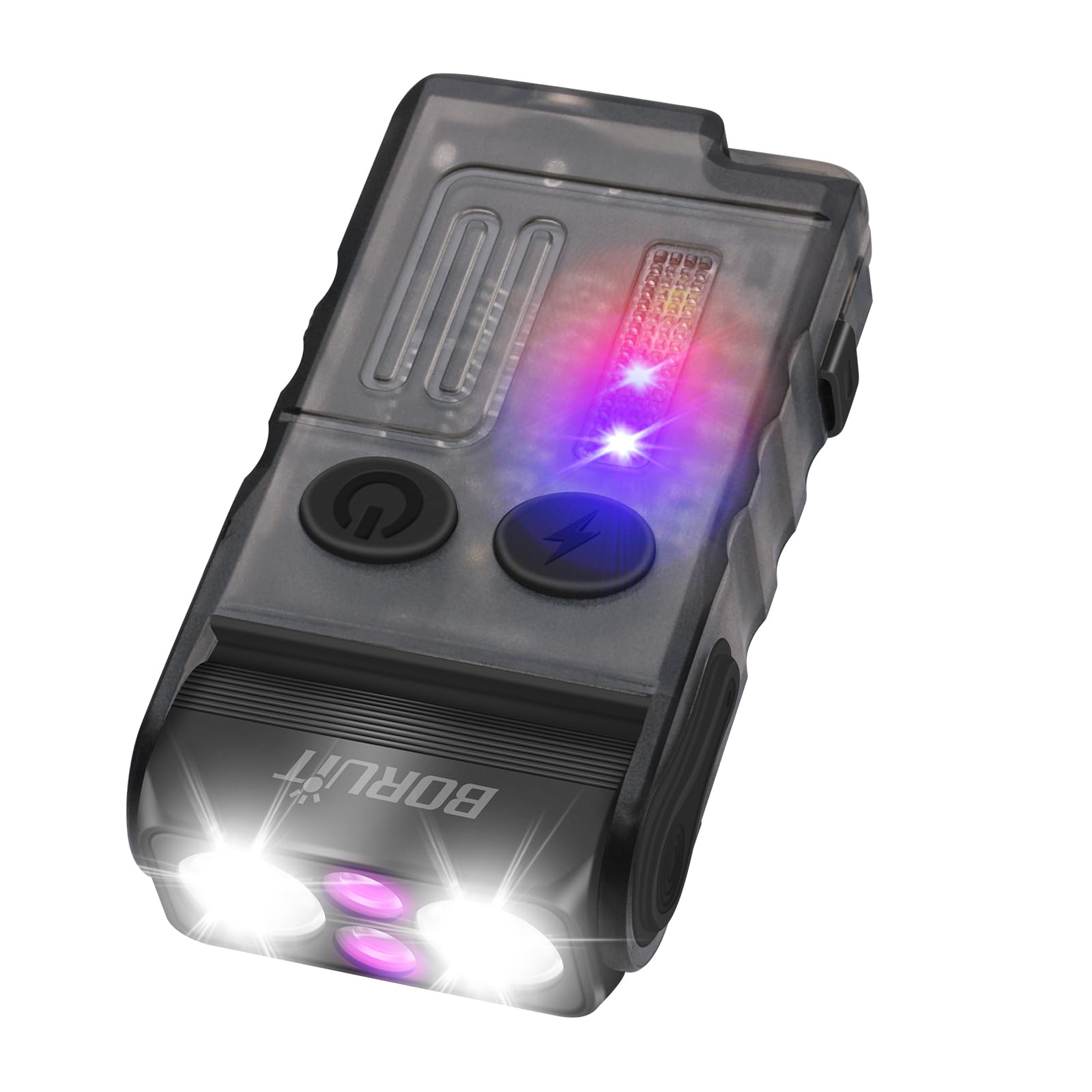 BORUIT V20 Mini Keychain Flashlight 1000LM, 365nm UV, Red/Blue/Green Light, 180° Swivels, Rechargeable, Black