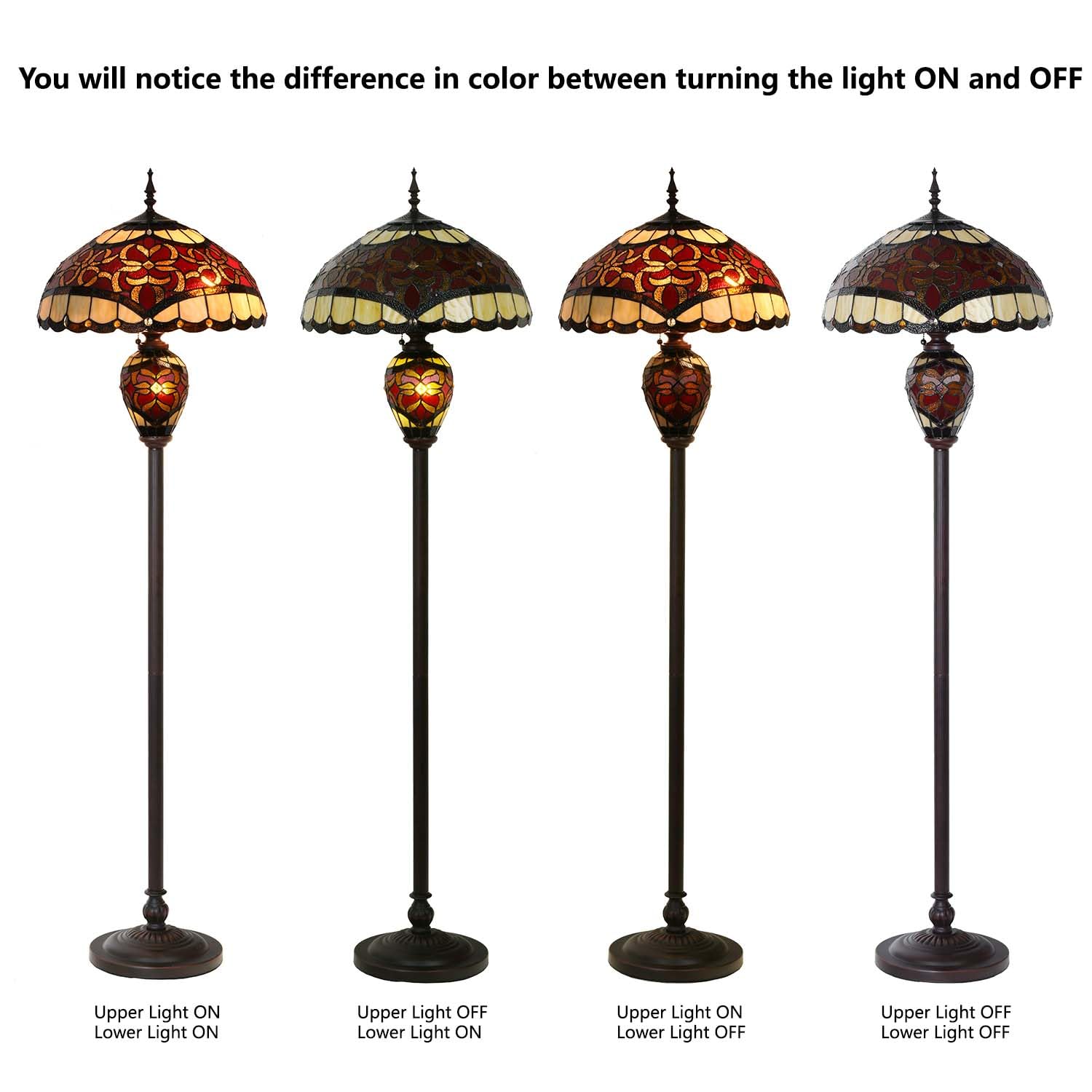 Bieye Stained Glass Floor Lamp, Baroque Tiffany Style, 64-inch Tall, 18-inch Wide, Red, Model L10803