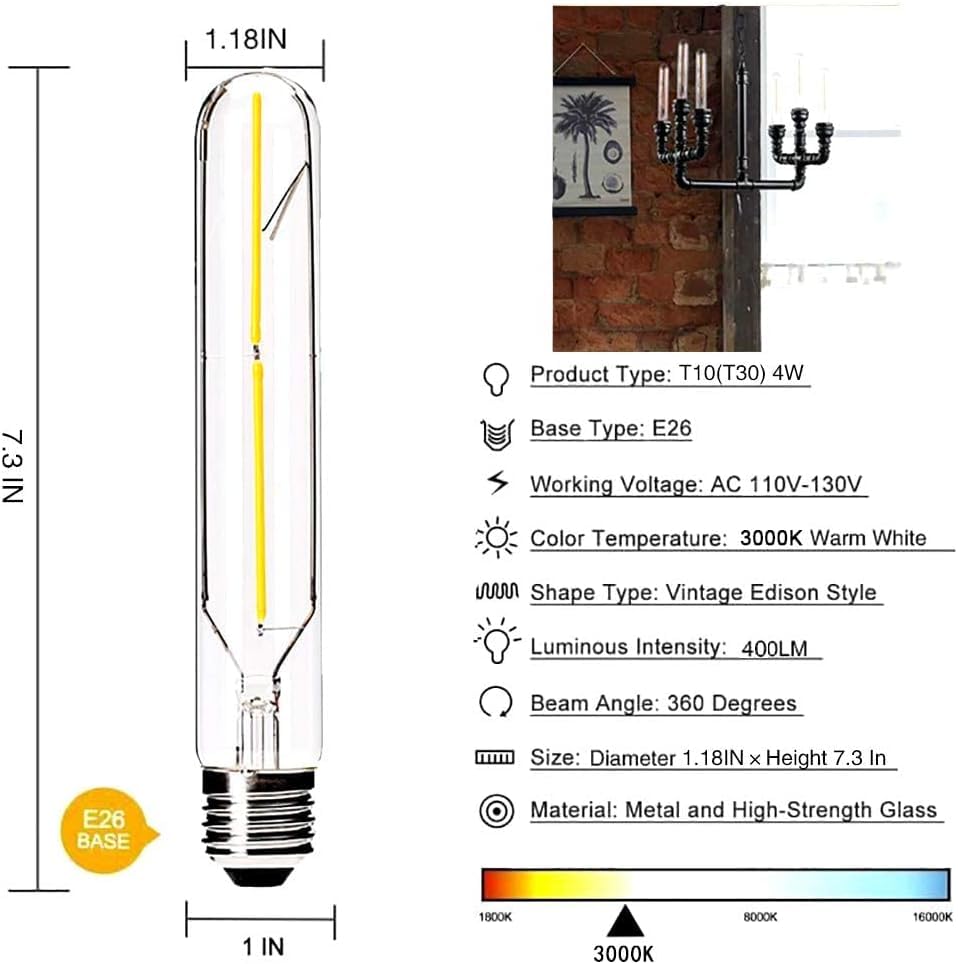 Vctc Lighting Dimmable T10 Led Tubular Bulbs 4W Equal 40 Watt, 3000K Warm White,E26 Vintage Led Edison Bulbs For Rustic Pendant,
