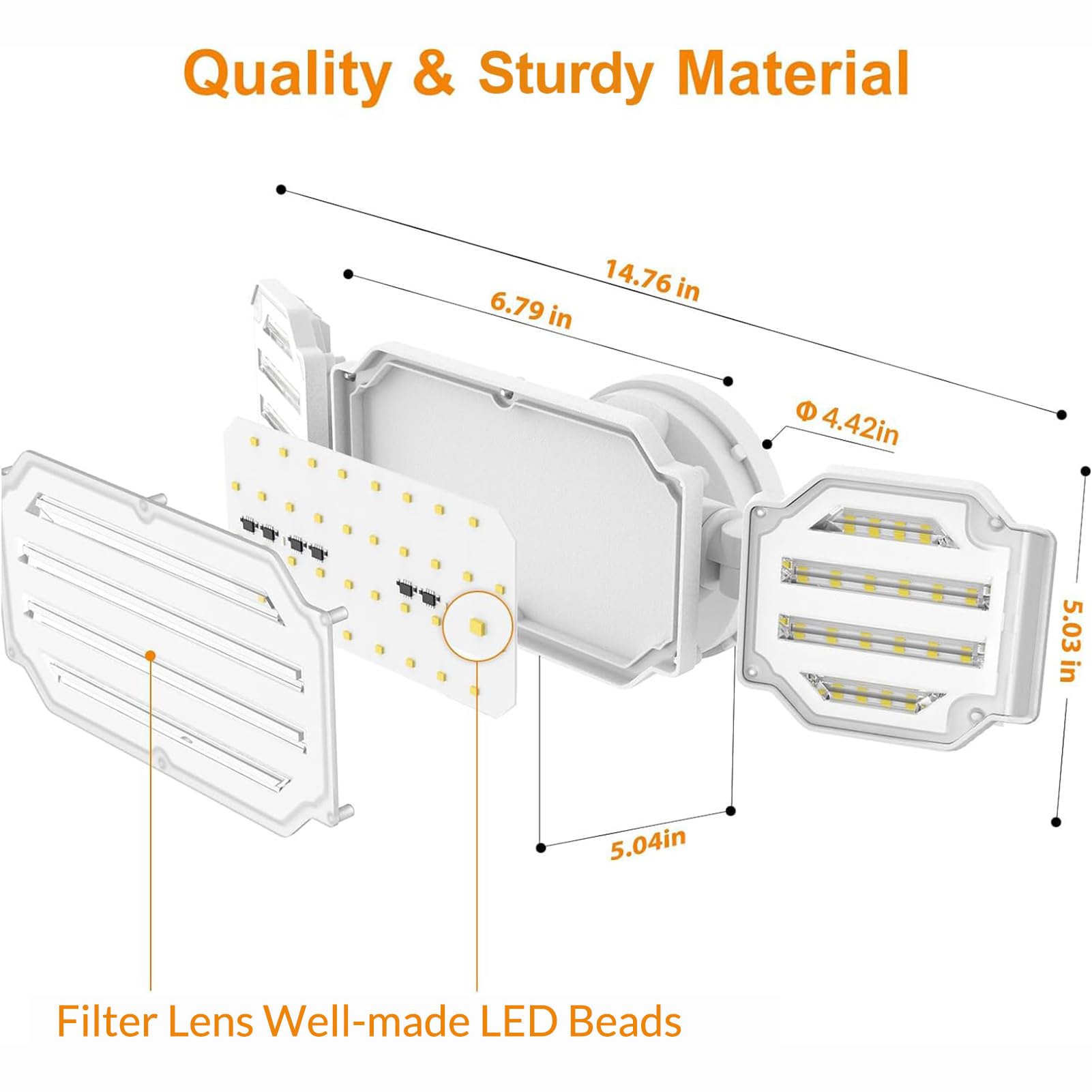 LEPOWER 4500LM 45W LED Flood Light - 3 Adjustable Heads, IP65 Waterproof, 5000K, White - Model YY07D-WH for Outdoor Use