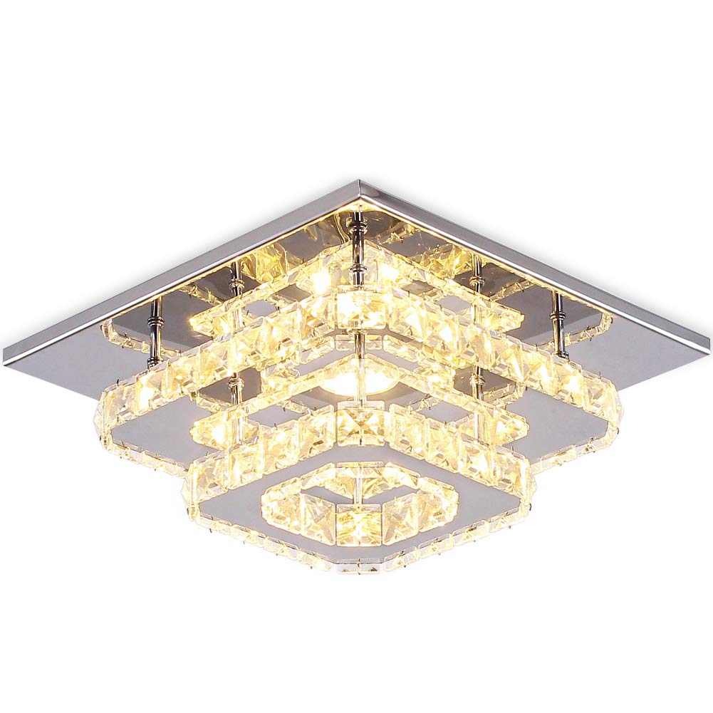Finktonglan 9.8in Square LED Ceiling Light, Warm White 3000K, K9 Crystal & Mirror Stainless Steel, Model MC021